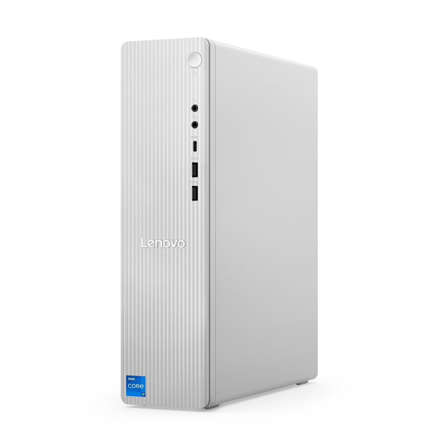 Een witte Lenovo desktopcomputer. Het heeft een verticaal ontwerp met poorten aan de voorkant en een Intel Core i7 sticker.