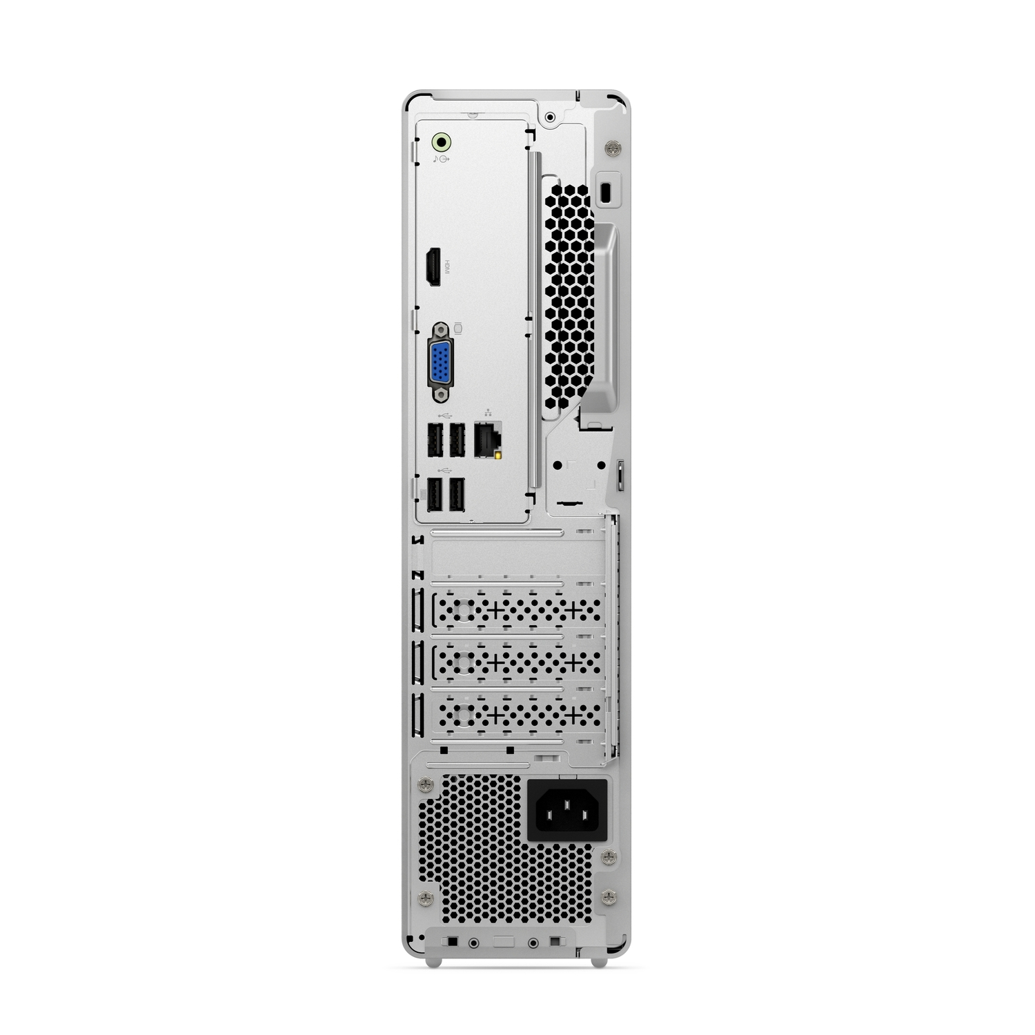 Het achterpaneel van een zilveren desktopcomputer. Poorten zijn onder meer HDMI, VGA, USB en stroom. Het heeft een zwarte honingraatventilatie.