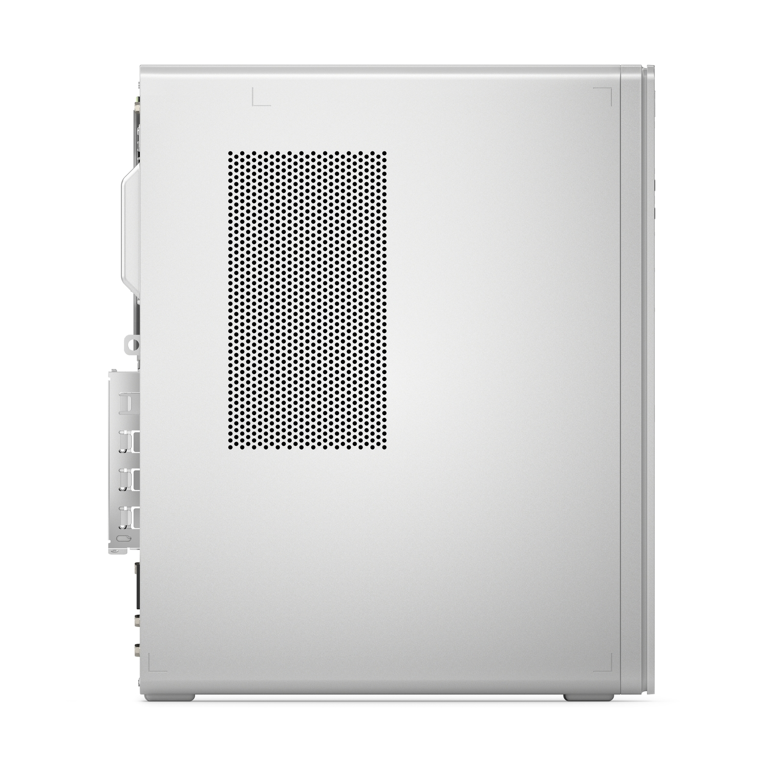 Zijaanzicht van een zilveren desktop computerkast. Het heeft een ventilatieopening met zwarte stippen. De kast staat op een witte achtergrond.