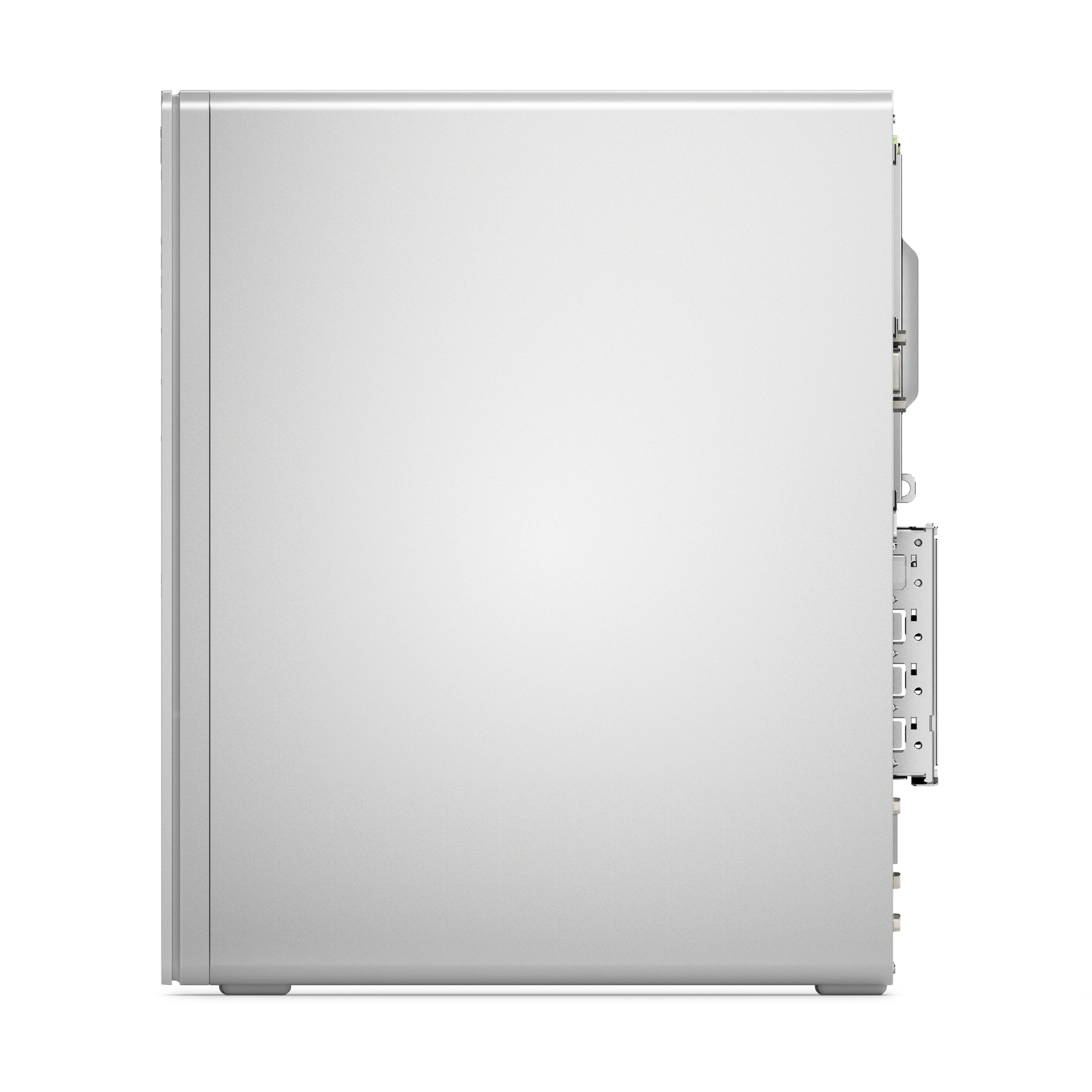 Een zilveren computertoren op een witte achtergrond, van opzij gezien. Het heeft een glad, metalen oppervlak en diverse poorten.