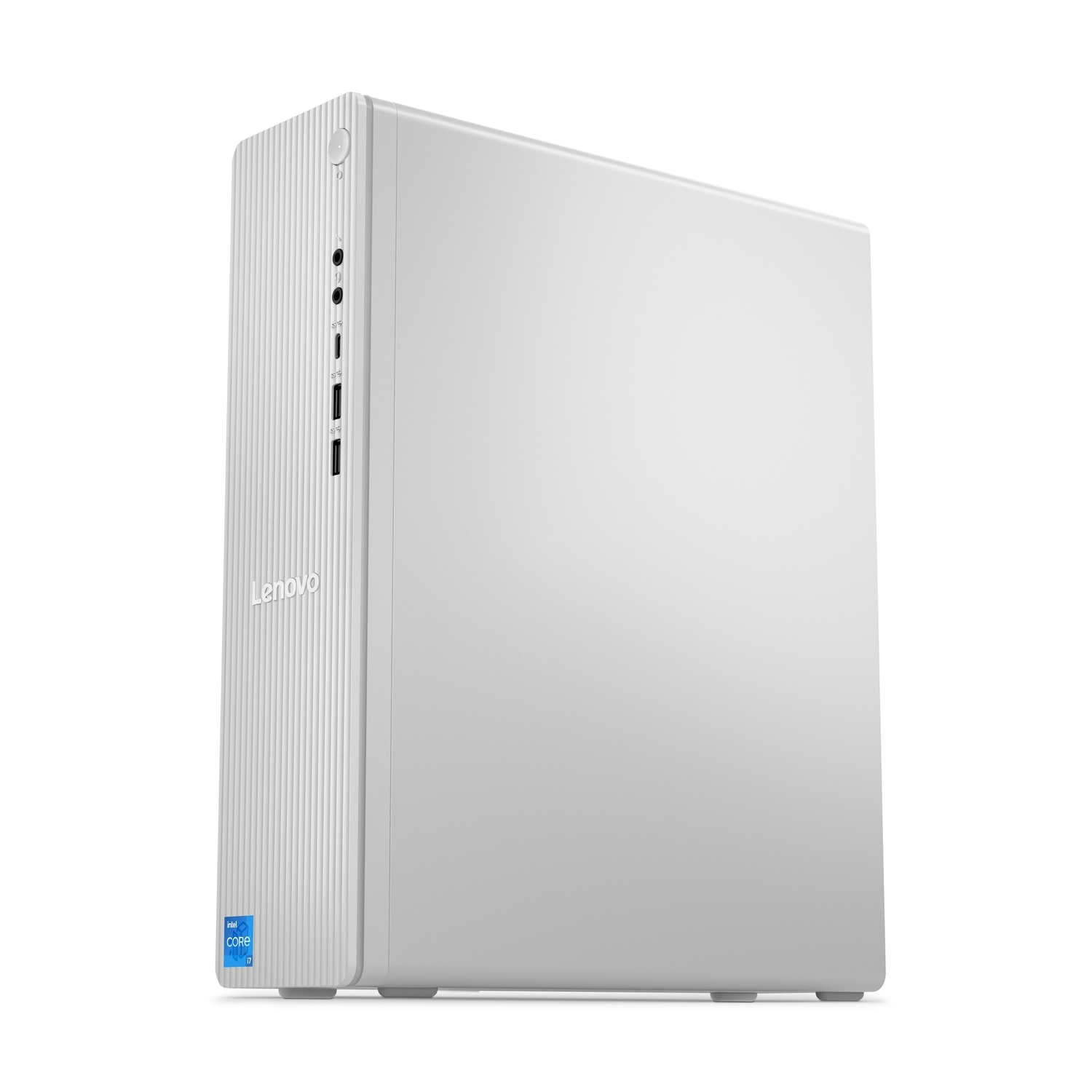 Een witte Lenovo desktopcomputer. Het heeft een verticaal ontwerp met een geribbeld voorpaneel. Intel Core i7 sticker is zichtbaar.