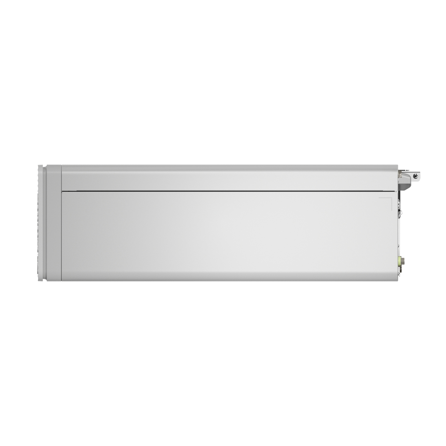Een wit rechthoekig apparaat met een licht getextureerd oppervlak en een dunne lijn tegen een witte achtergrond.