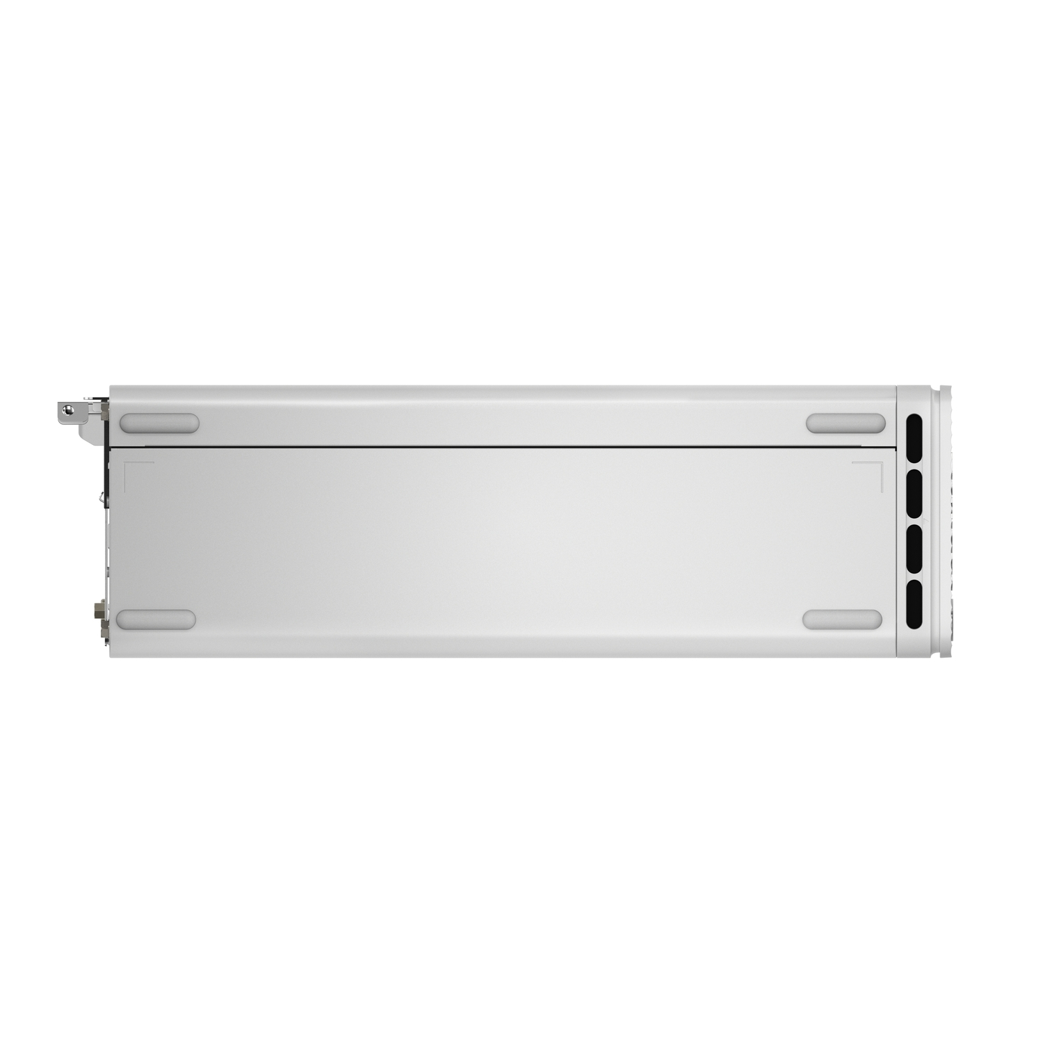 Een witte server, van bovenaf gezien, tegen een witte achtergrond. Rechthoekige vorm met afgeronde hoeken en ventilatiegaten.