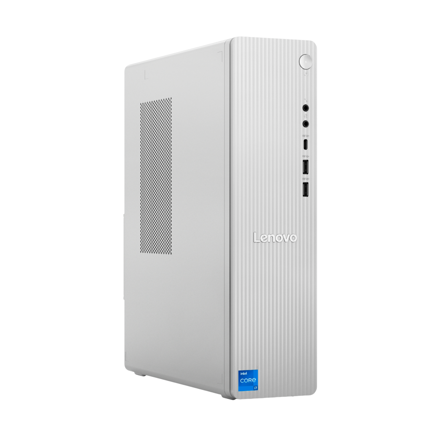 Un ordinateur de bureau Lenovo blanc avec un design vertical, avec le logo Intel Core i7 et la marque Lenovo. Le fond est noir.