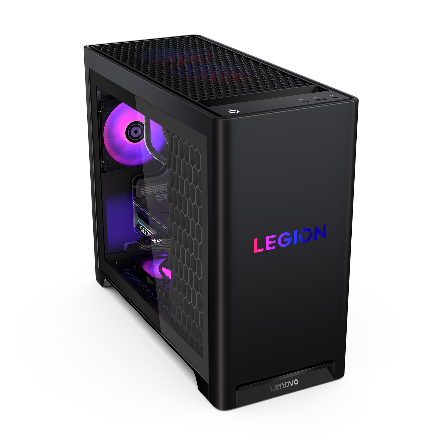 Black Lenovo Legion PC. It has a glass side panel, visible fans with purple light, and the Legion logo.