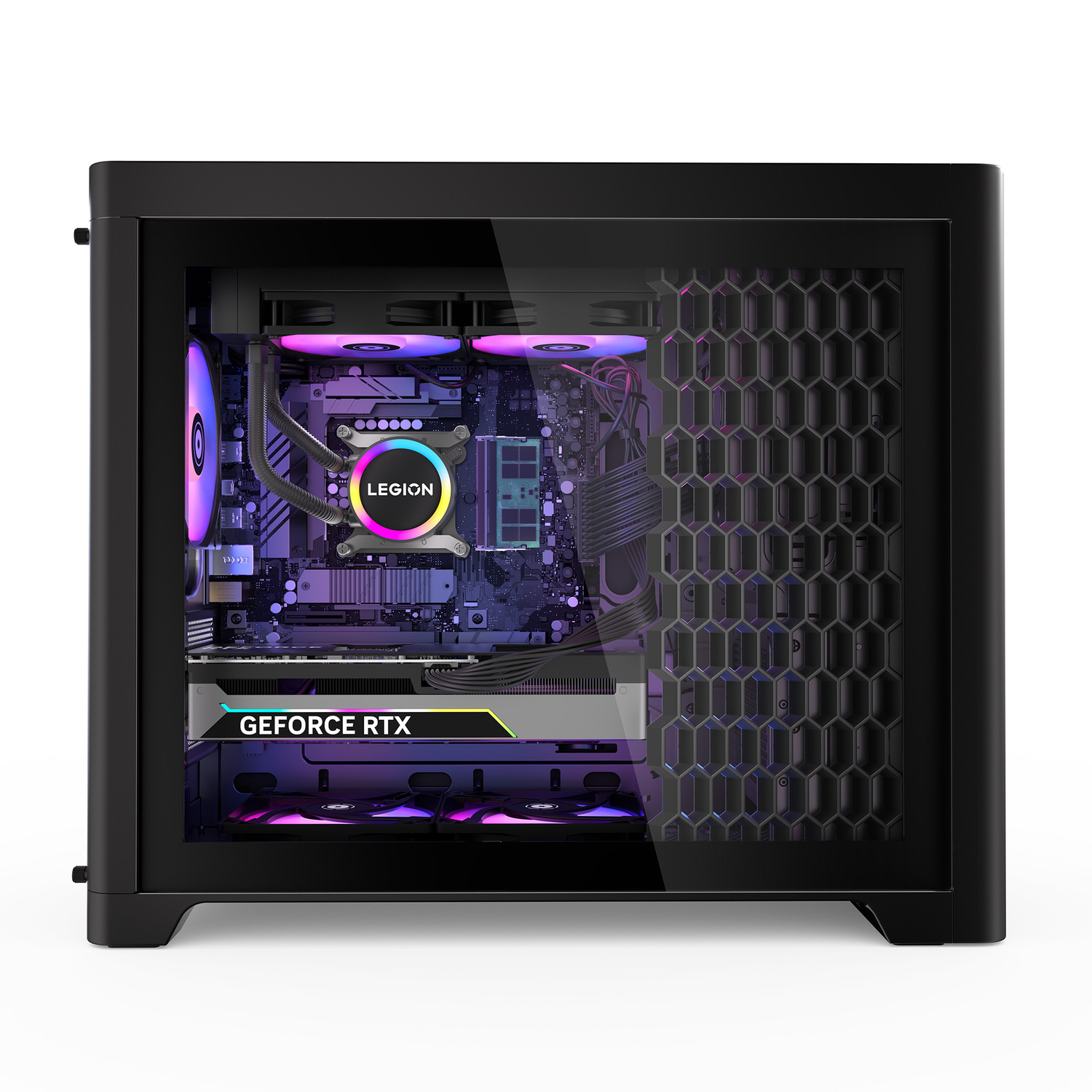 A black computer case with a glass side panel. Inside, a high-end PC with colorful lights and components, including a GeForce RTX card.