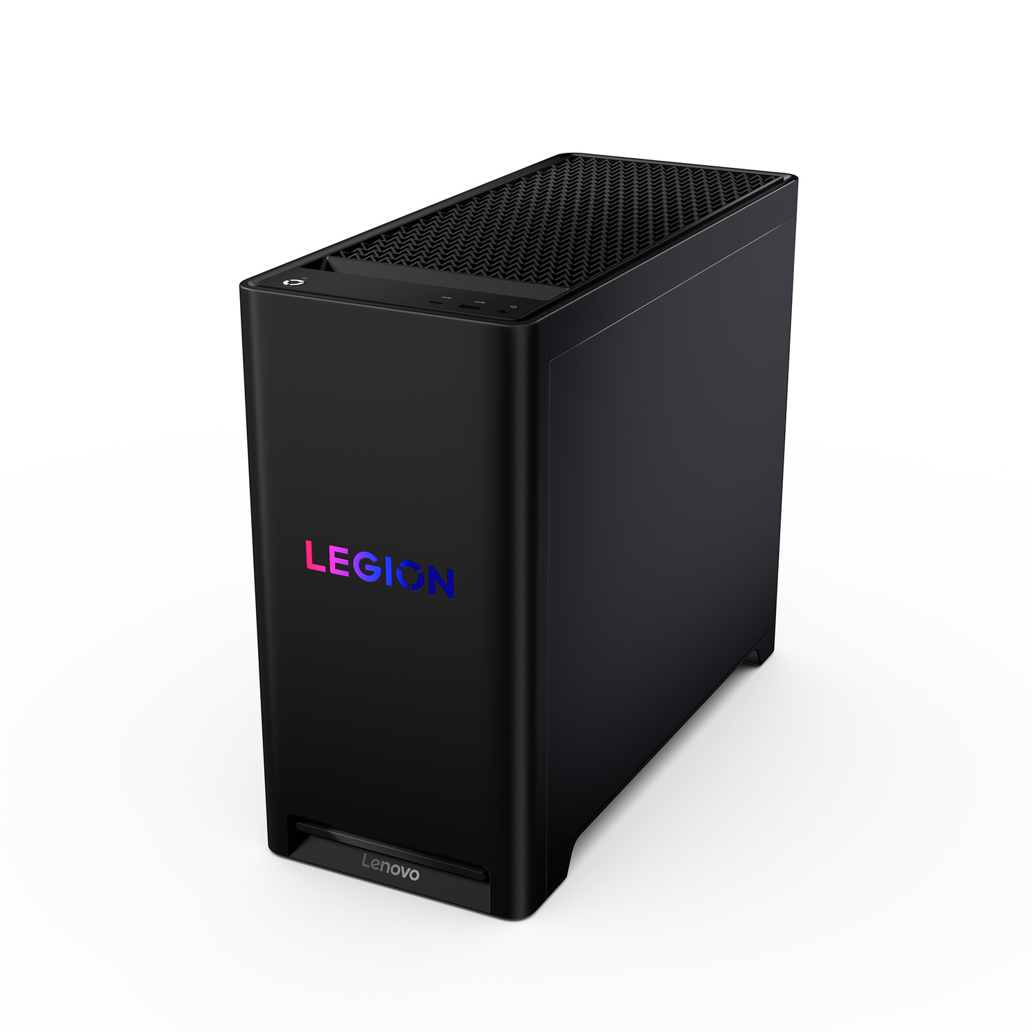 A black Lenovo Legion desktop computer. It has the Legion logo in colorful gradient and the Lenovo logo below.