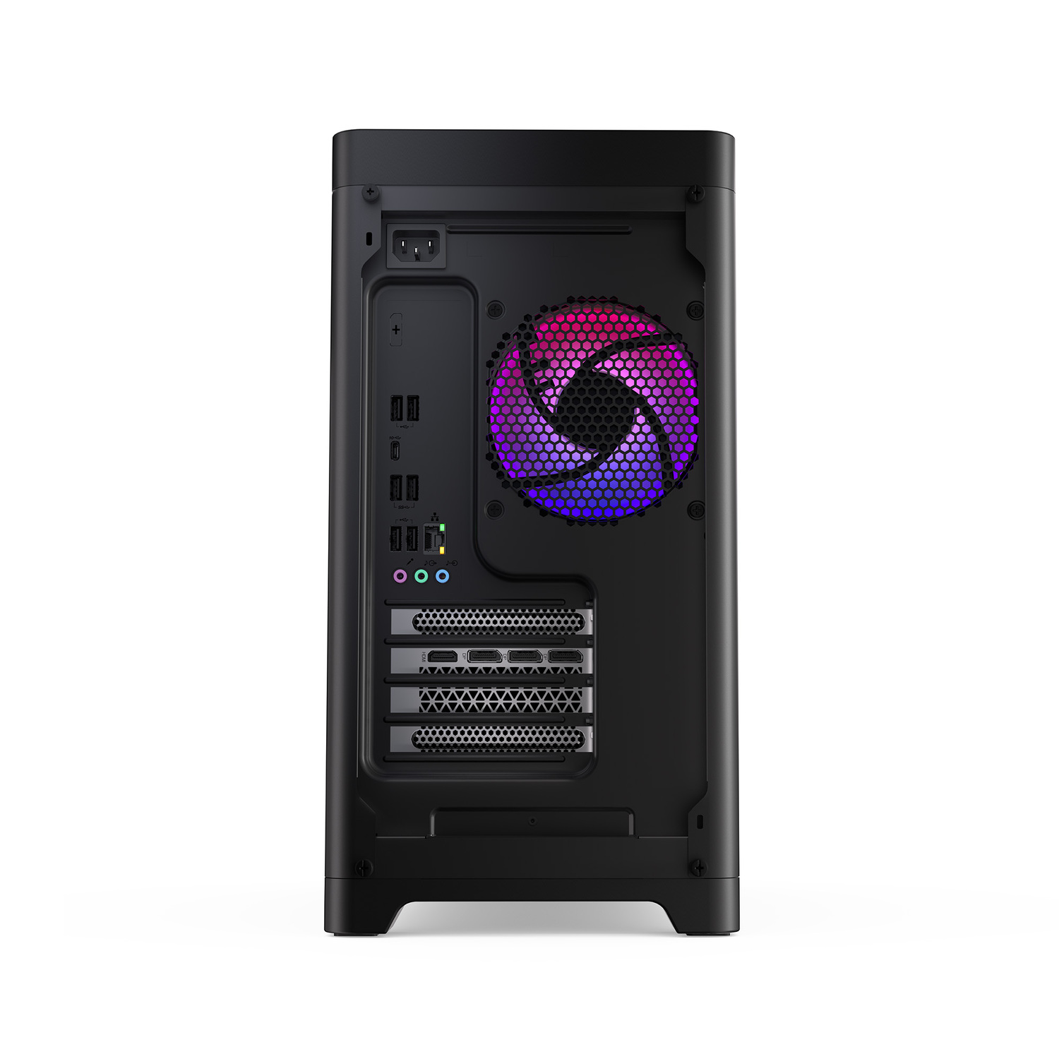 Black computer case back. Ports, fan with purple-blue light, and power supply input are visible.