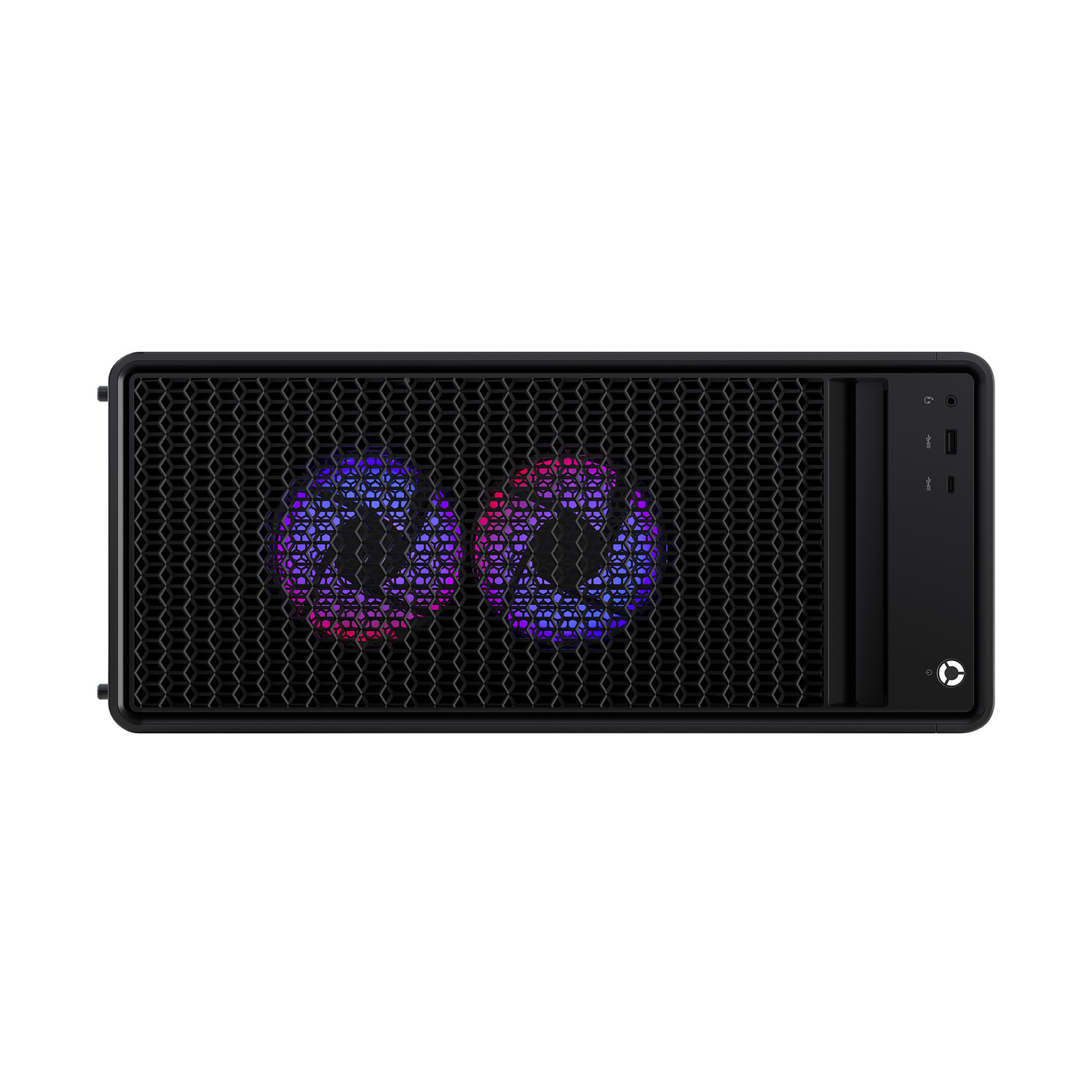 A black computer case has a honeycomb mesh front, with two illuminated circular designs in blue and pink. Ports are on the side.