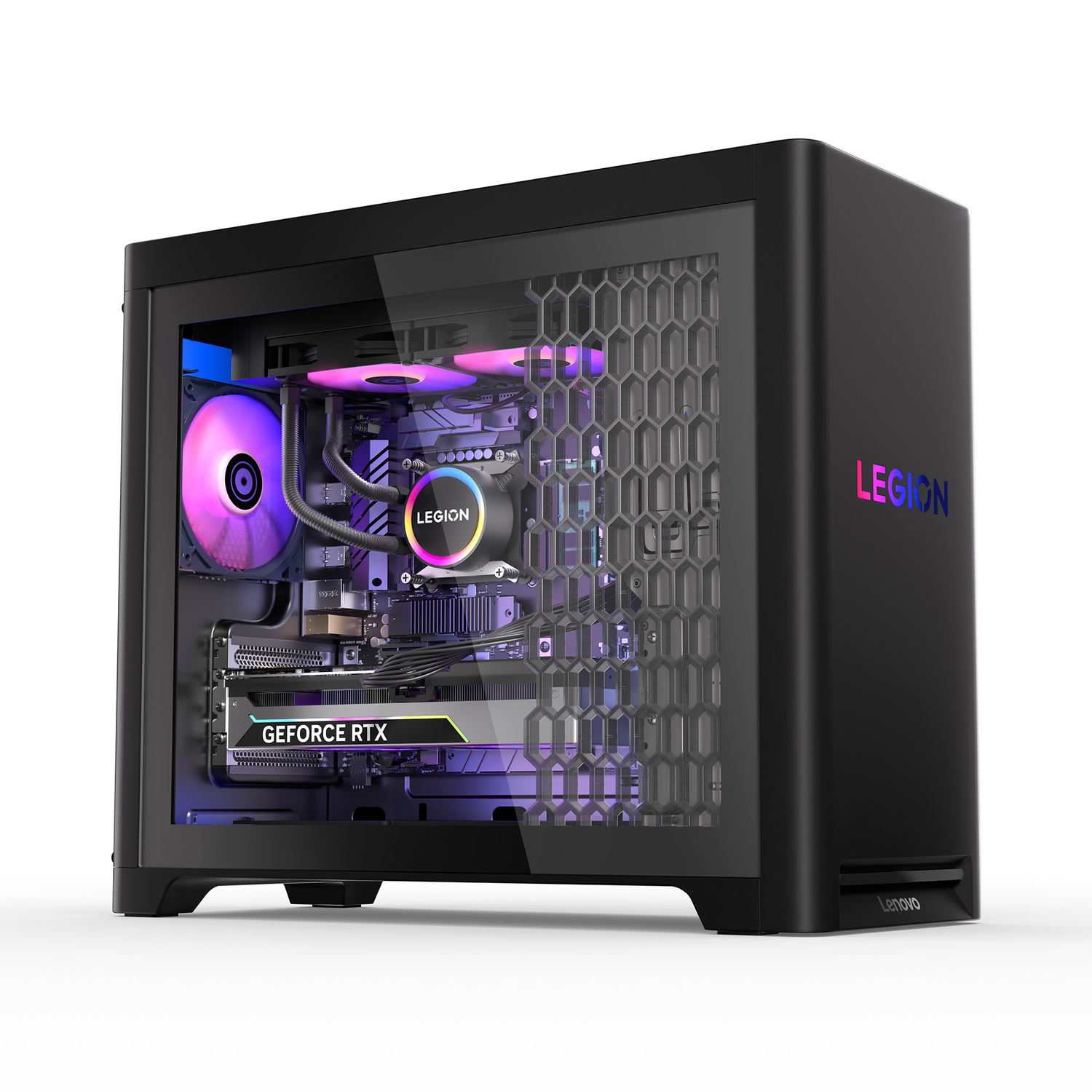 Black Legion PC case with internal components lit by colorful LEDs. A GeForce RTX card and Lenovo logo are visible.