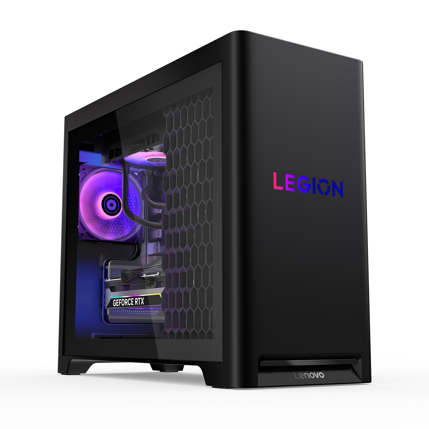 Black Lenovo Legion PC. The side panel shows internal components with purple and blue lighting. Legion logo on the side.