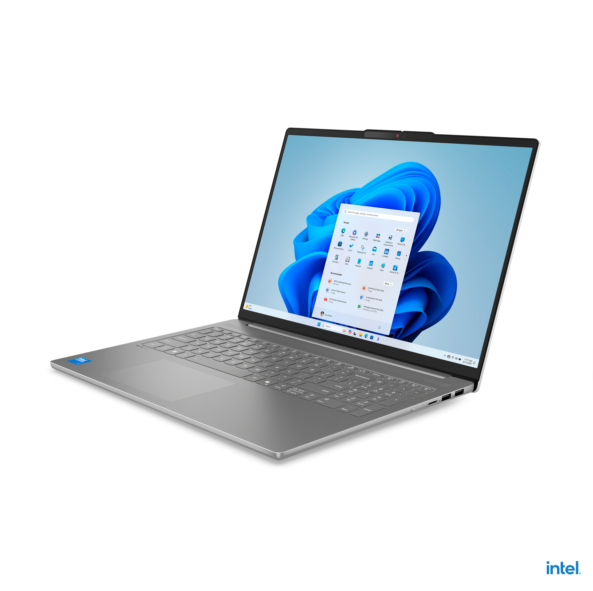 Ein silberner Laptop ist geöffnet und zeigt den Windows 11-Startbildschirm mit App-Symbolen. Das Intel-Logo ist unten rechts sichtbar.