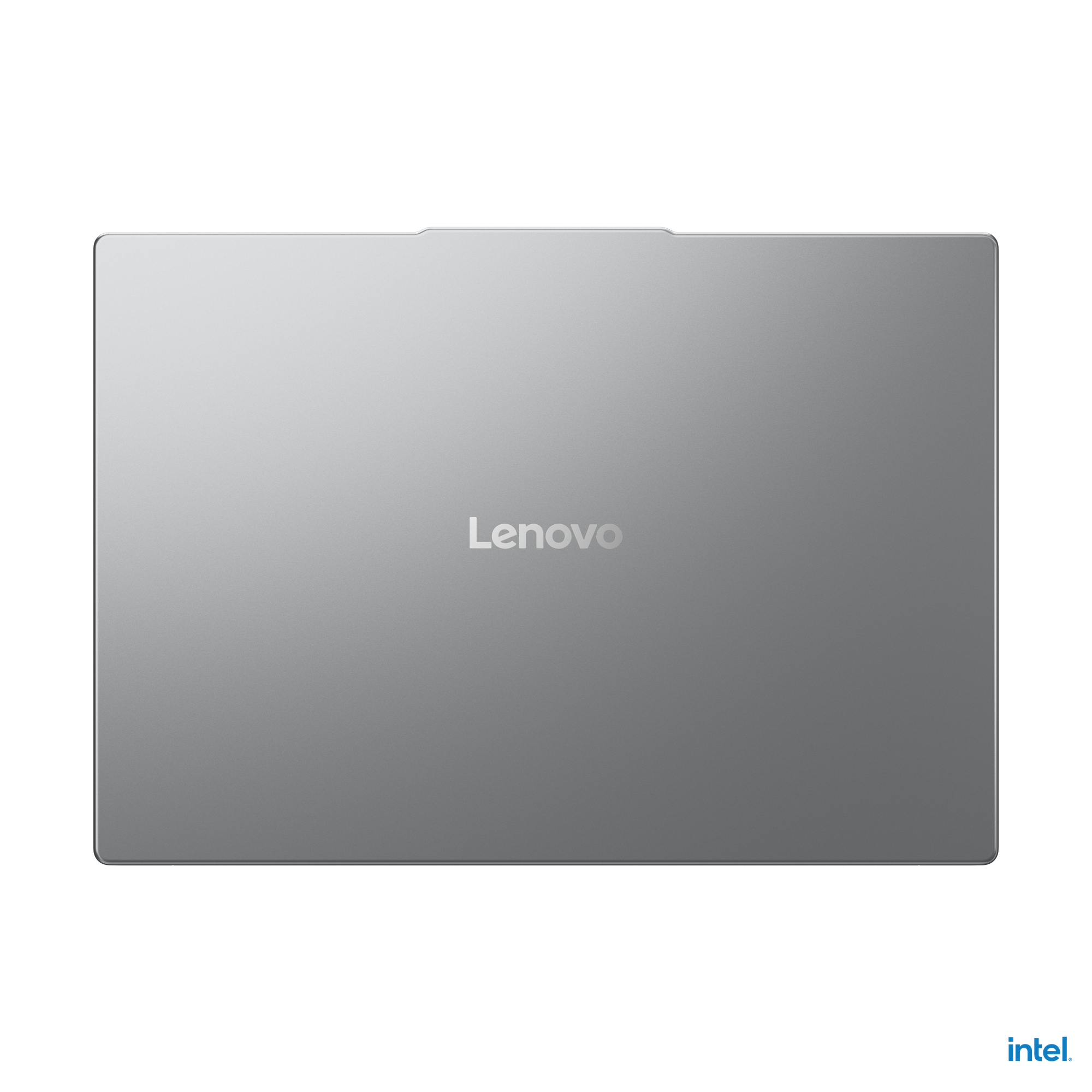 Ein geschlossener silberner Lenovo-Laptop mit dem Markennamen in der Mitte. Das Intel-Logo befindet sich unten rechts.