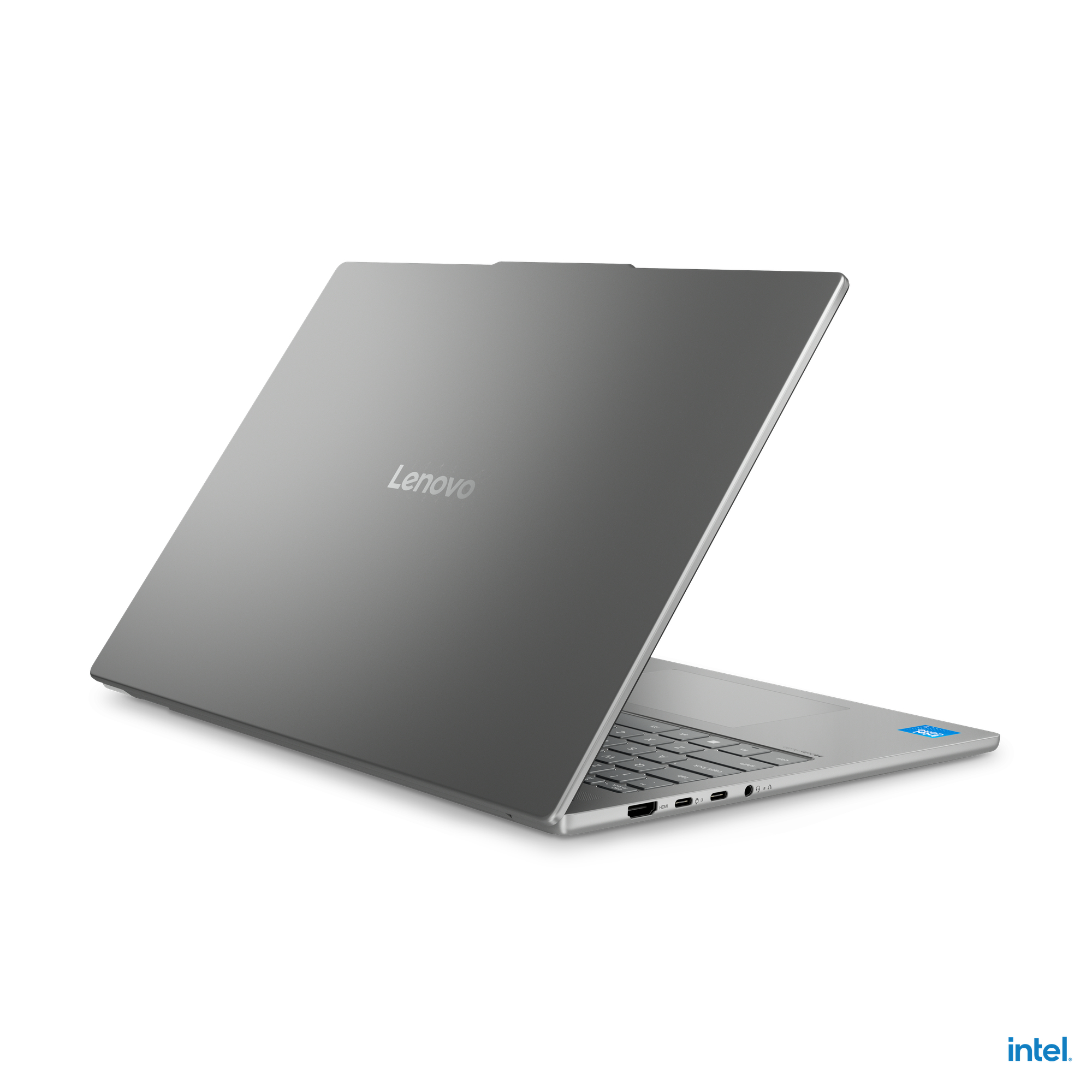 Ein silberner Lenovo-Laptop ist leicht geöffnet. Das Intel-Logo ist unten rechts sichtbar. Der Hintergrund ist weiß.