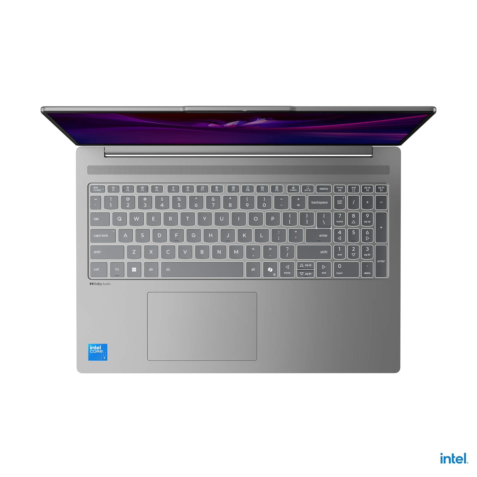 Laptop mit geöffnetem Bildschirm mit lilafarbenen Farbtönen. Tastatur und Trackpad sichtbar. Intel-Logo in der Ecke.