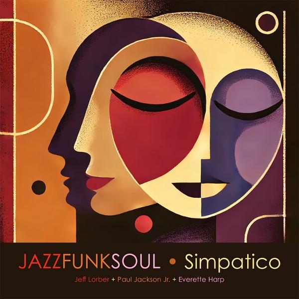 Abstrakte Kunst mit Gesichtern in Rot-, Lila- und Goldtönen. Titel: Jazzfunksoul Simpatico. Künstler: Jeff Lorber, Paul Jackson Jr., und Everette Harp.