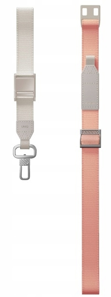 Dwie smycze: jedna biała ze srebrnym zapięciem i klipsem, druga różowa ze srebrną klamrą i zawieszką.