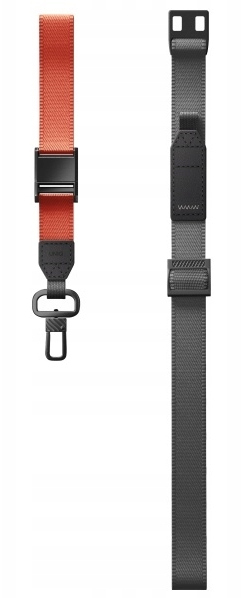 Dwa paski do aparatu. Jeden jest pomarańczowy z czarną klamrą i haczykiem. Drugi jest szary z czarnym mocowaniem.