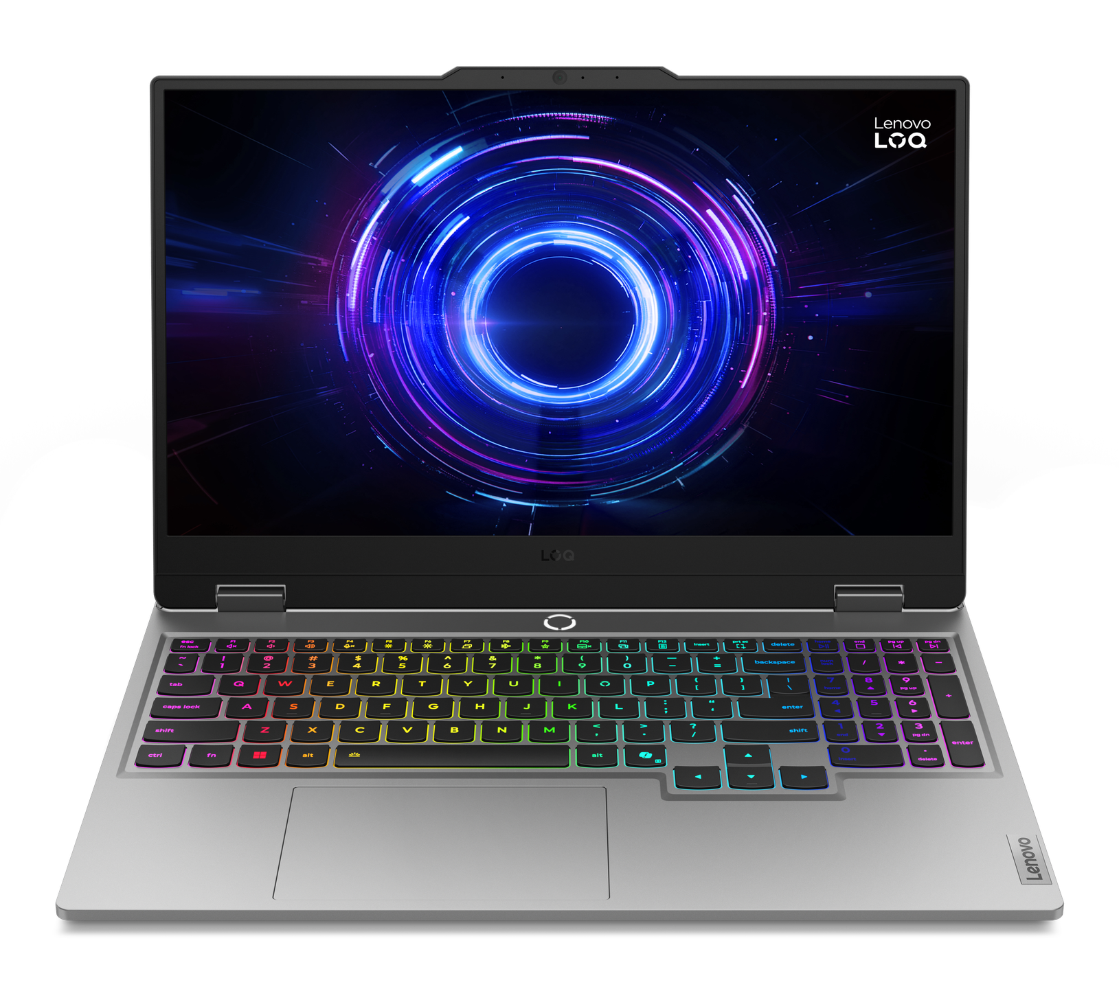 Srebrny laptop Lenovo LOQ. Ekran wyświetla okrągły niebiesko-fioletowy wzór. Klawiatura ma wielokolorowe podświetlane klawisze.