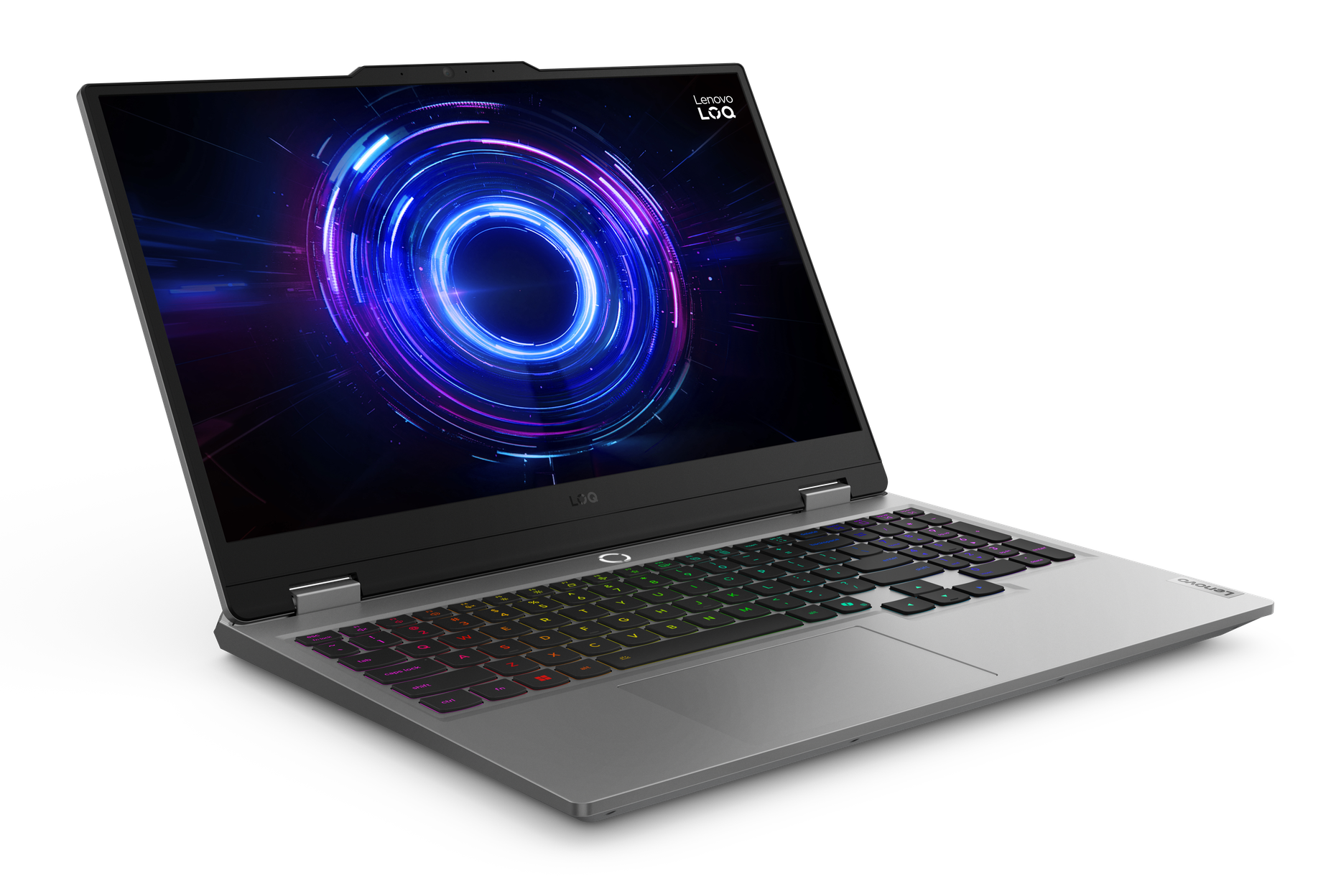 Srebrny laptop z podświetlaną klawiaturą. Ekran pokazuje niebieskie i fioletowe okręgi. Widoczne logo Lenovo LoQ.