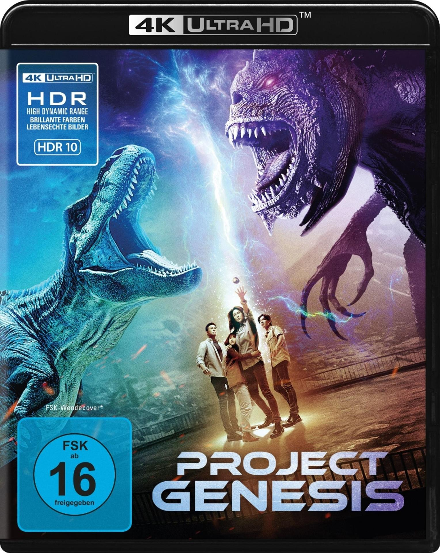 Filmcover mit einem T-Rex und einem Monster. Menschen stehen in der Mitte. Der Titel lautet "Project Genesis". Blau- und Lilatöne.