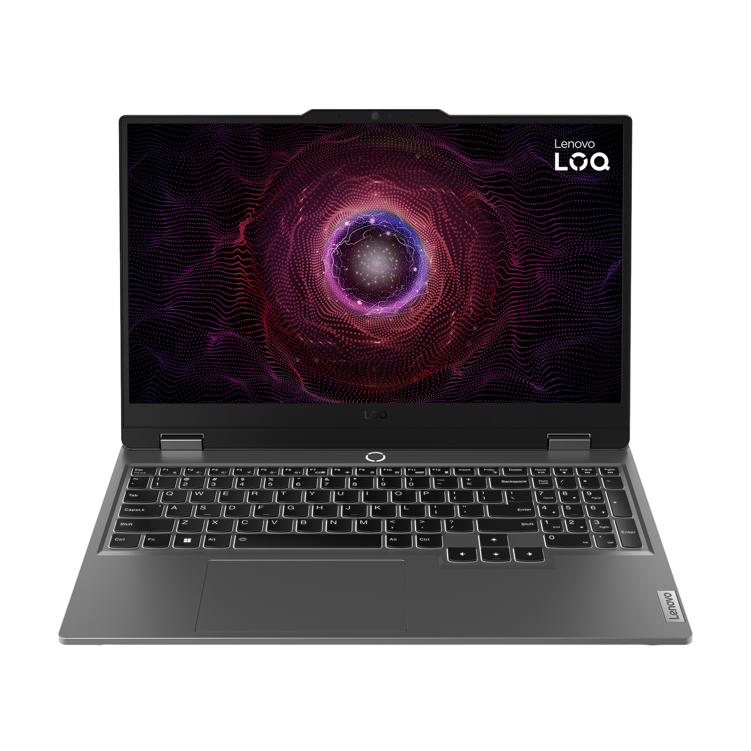 Een Lenovo LOQ-laptop is open. Het scherm toont een abstract ontwerp in paars en roze. Het toetsenbord is zichtbaar.