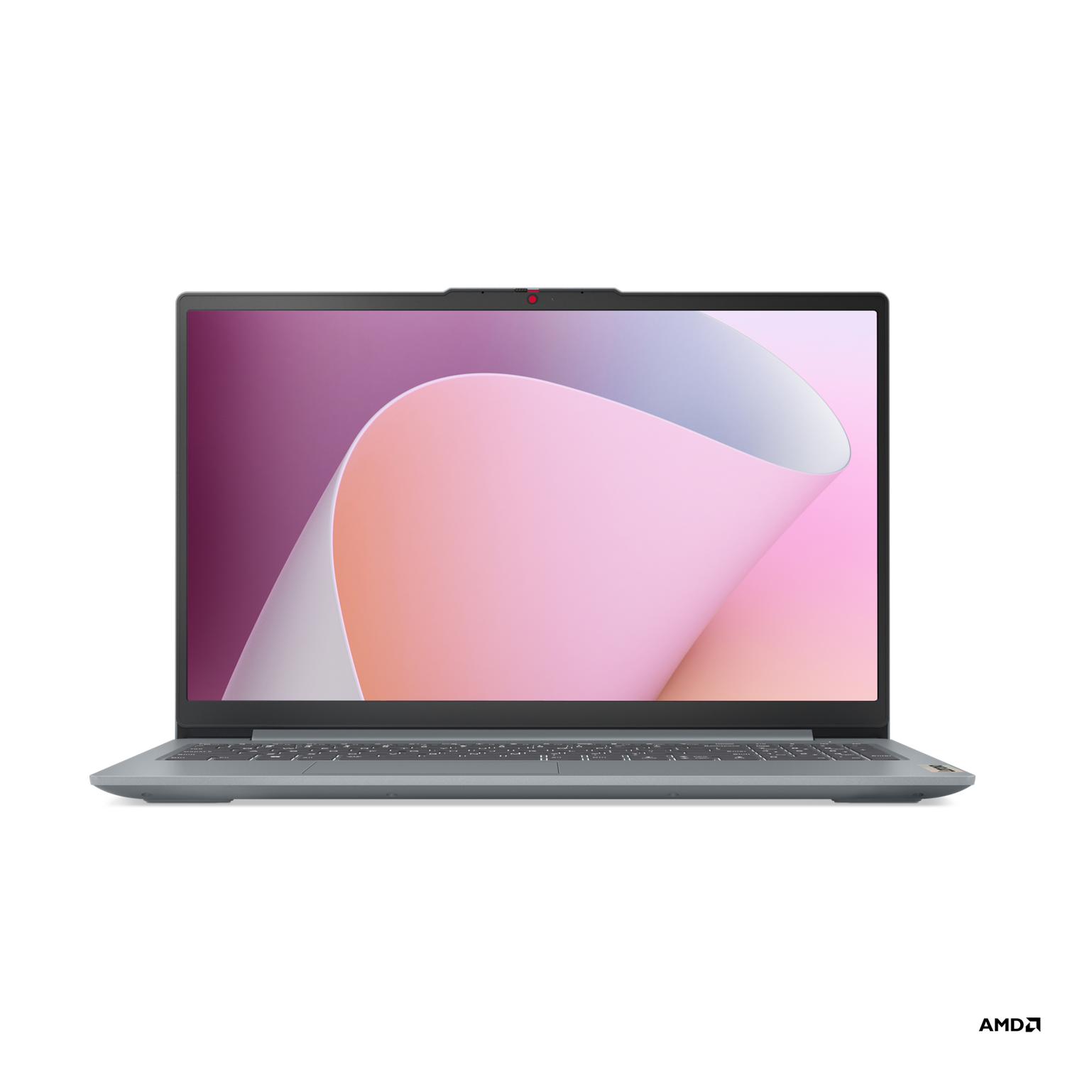 Un ordinateur portable gris avec un fond d'écran abstrait rose et blanc sur fond noir. L'écran est ouvert.