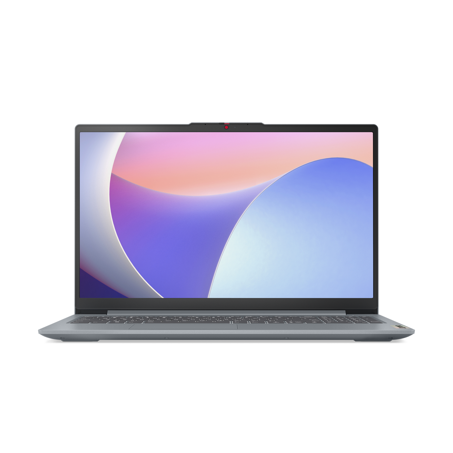 Un ordinateur portable gris avec un écran coloré sur fond noir. L'écran affiche un motif d'ondes violet et bleu.