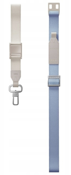 Dwa paski: jeden w kolorze złamanej bieli ze srebrną klamrą i haczykiem, drugi jasnoniebieski ze srebrną sprzączką i skórzaną metką.
