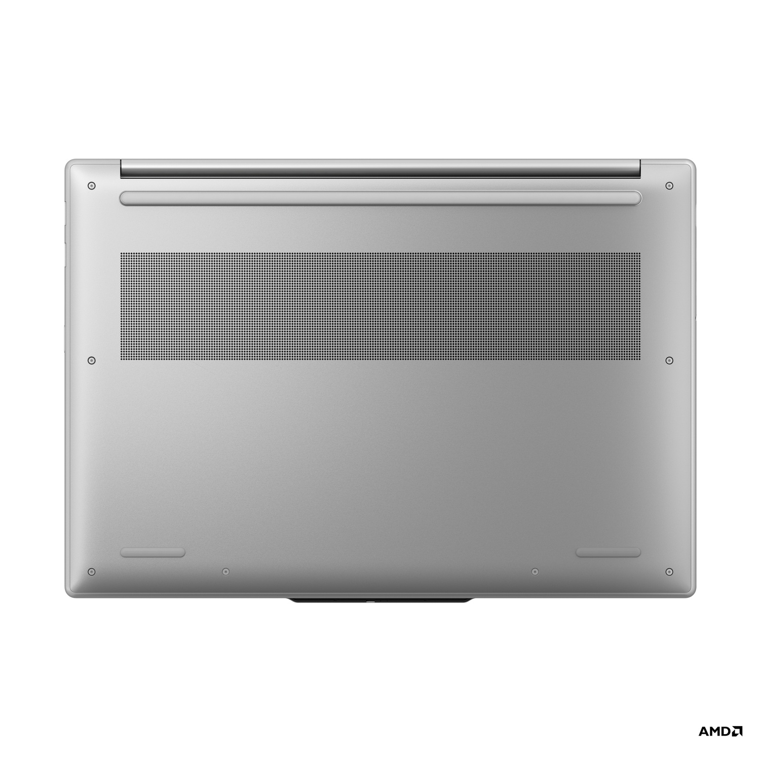 Silver laptop bottom. Features a large ventilation area, several small screws, and two rubber feet.