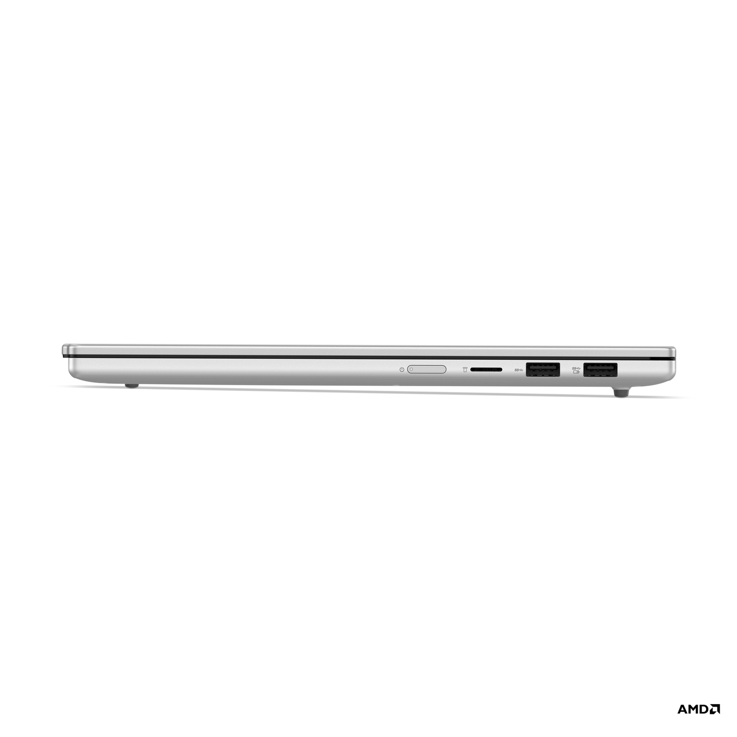 Side profile of a silver laptop. Shows ports for USB, SD card, and power. The background is white.