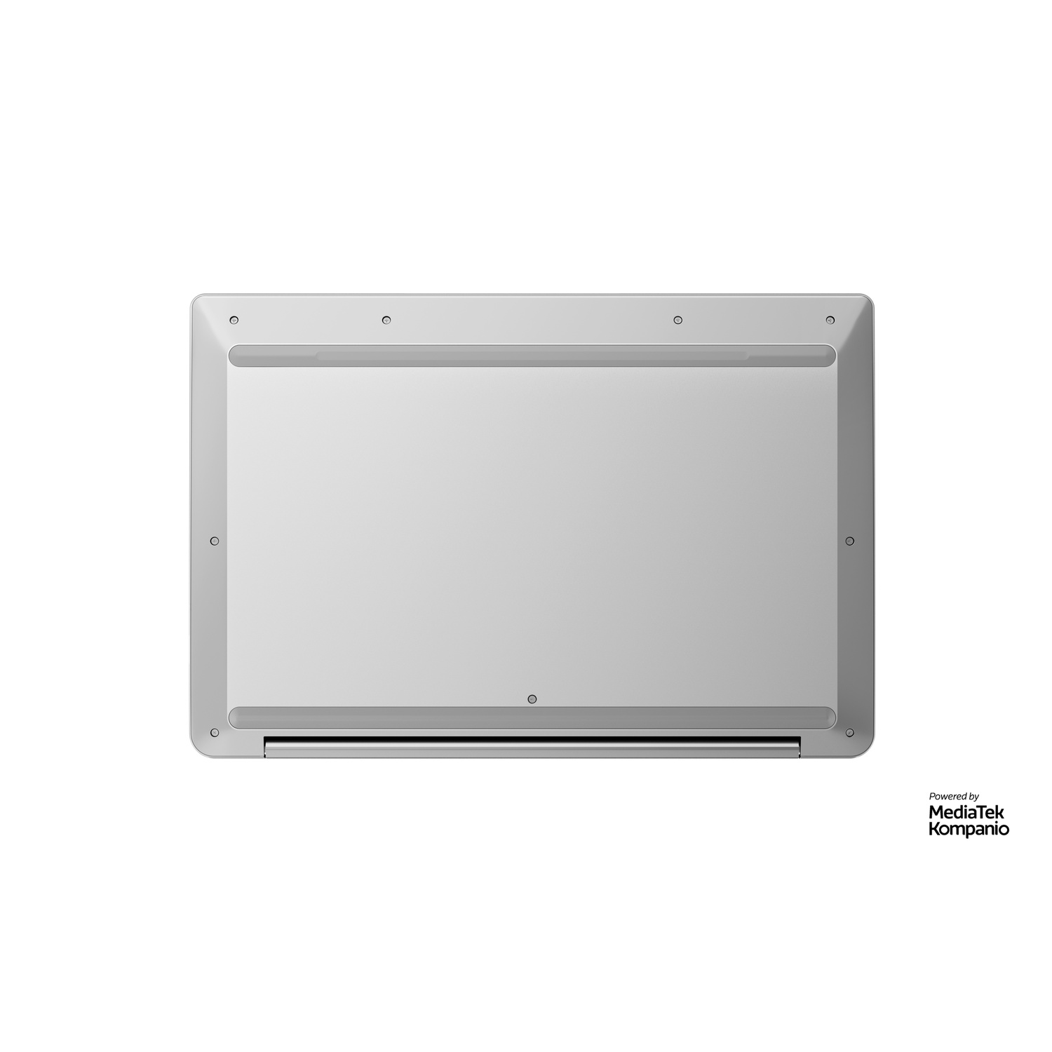 A light gray laptop base, viewed from below. It has a recessed area and several small circles. The MediaTek Kompanio logo is visible.