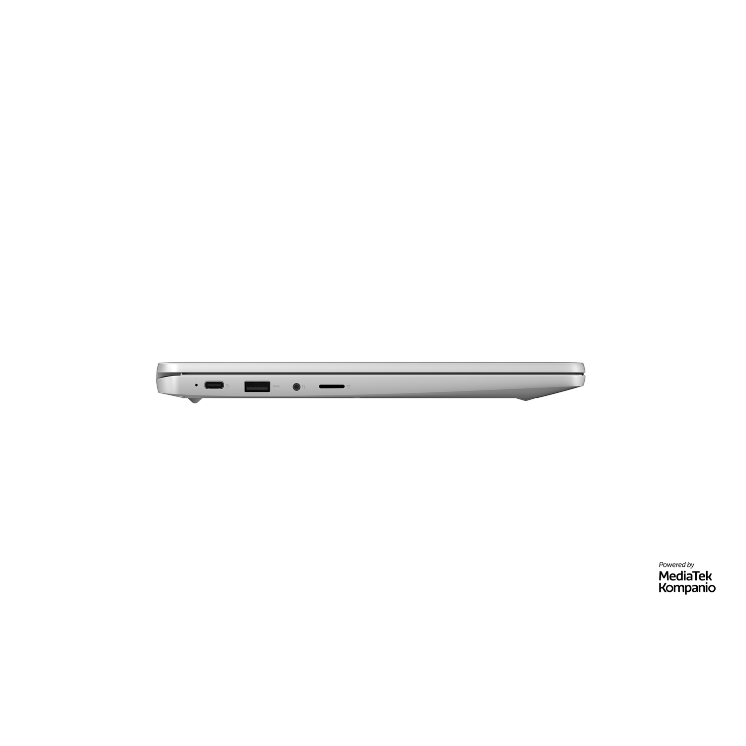 Side view of a silver laptop. Ports include USB, audio jack, and SD card slot. White background. Powered by MediaTek Kompanio.