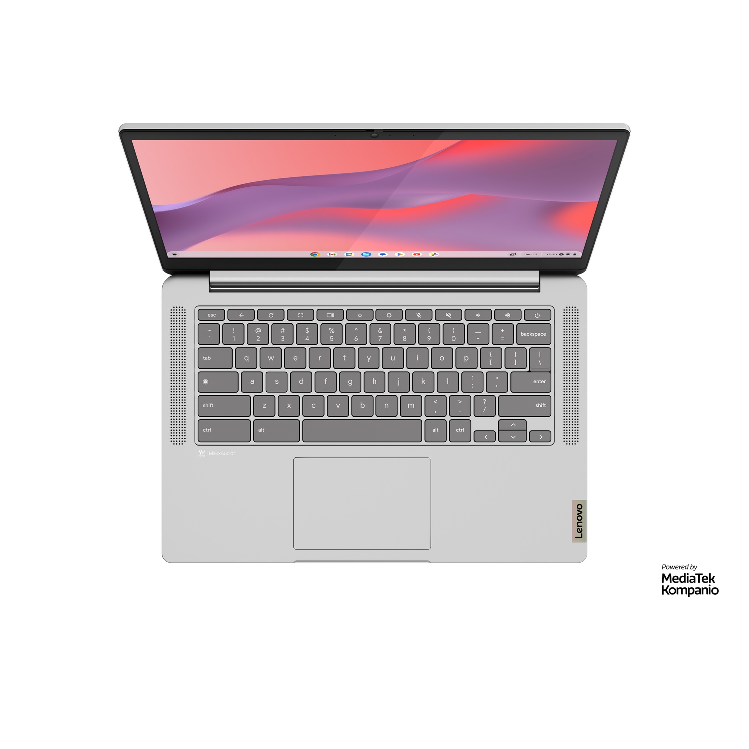 A silver Lenovo Chromebook laptop, open, showing the keyboard and screen. The screen displays a colorful gradient. MediaTek Kompanio logo.