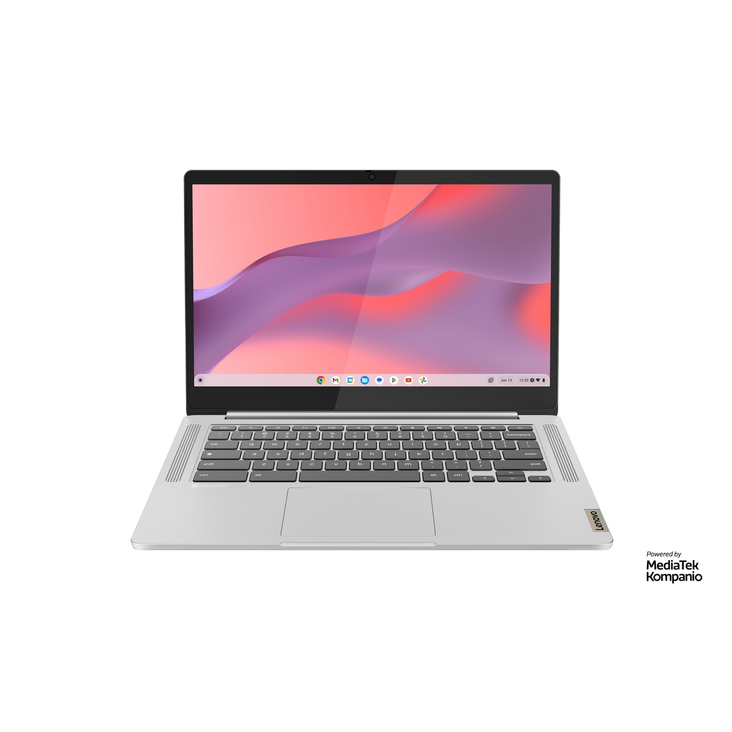 A silver Lenovo Chromebook laptop is open. The screen shows a colorful abstract design. The keyboard and trackpad are visible.