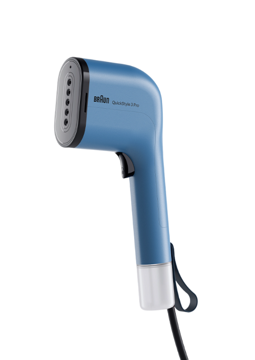 Ein blauer Braun QuickStyle 3 Pro Handdampfer. Er hat einen schwarzen Griff und eine weiße Basis.