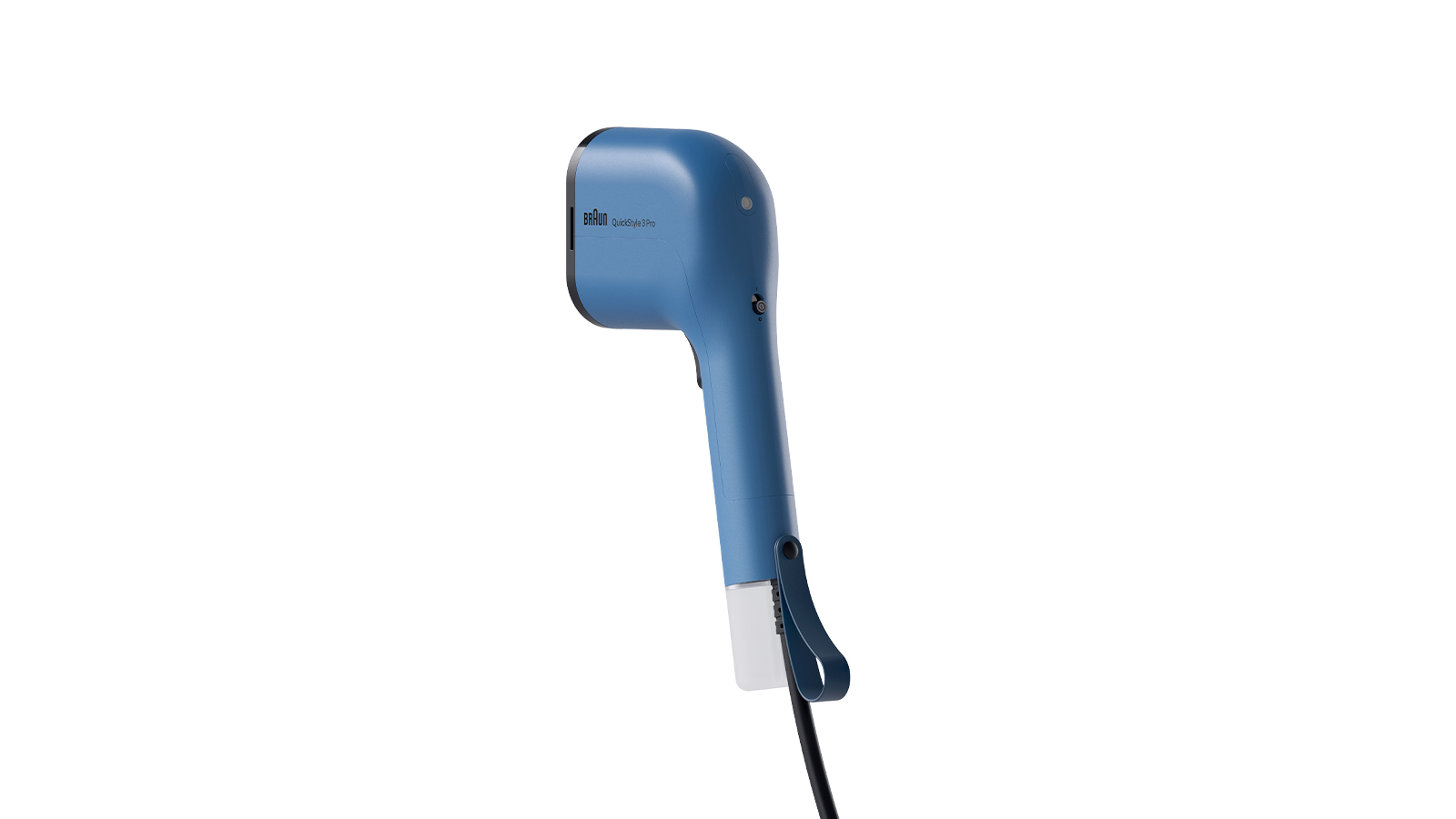 Ein blaues Braun QuickStyle 3 Pro Haarstyling-Tool mit schwarzem Kabel und weißem Hintergrund wird gezeigt.
