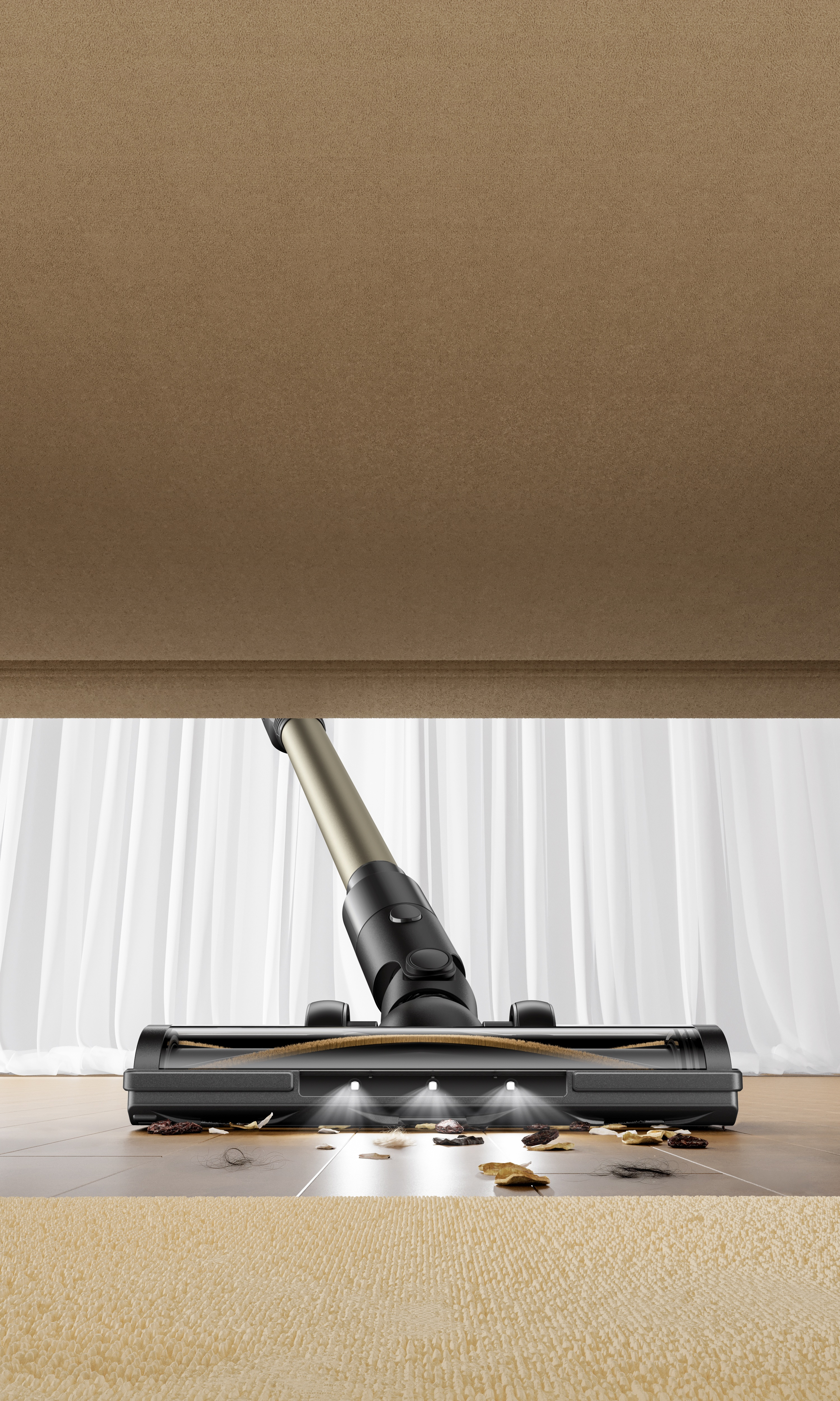 Odkurzacz czyści podłogę. Na podłodze są włosy i zanieczyszczenia. Beżowy dywan jest na pierwszym planie.