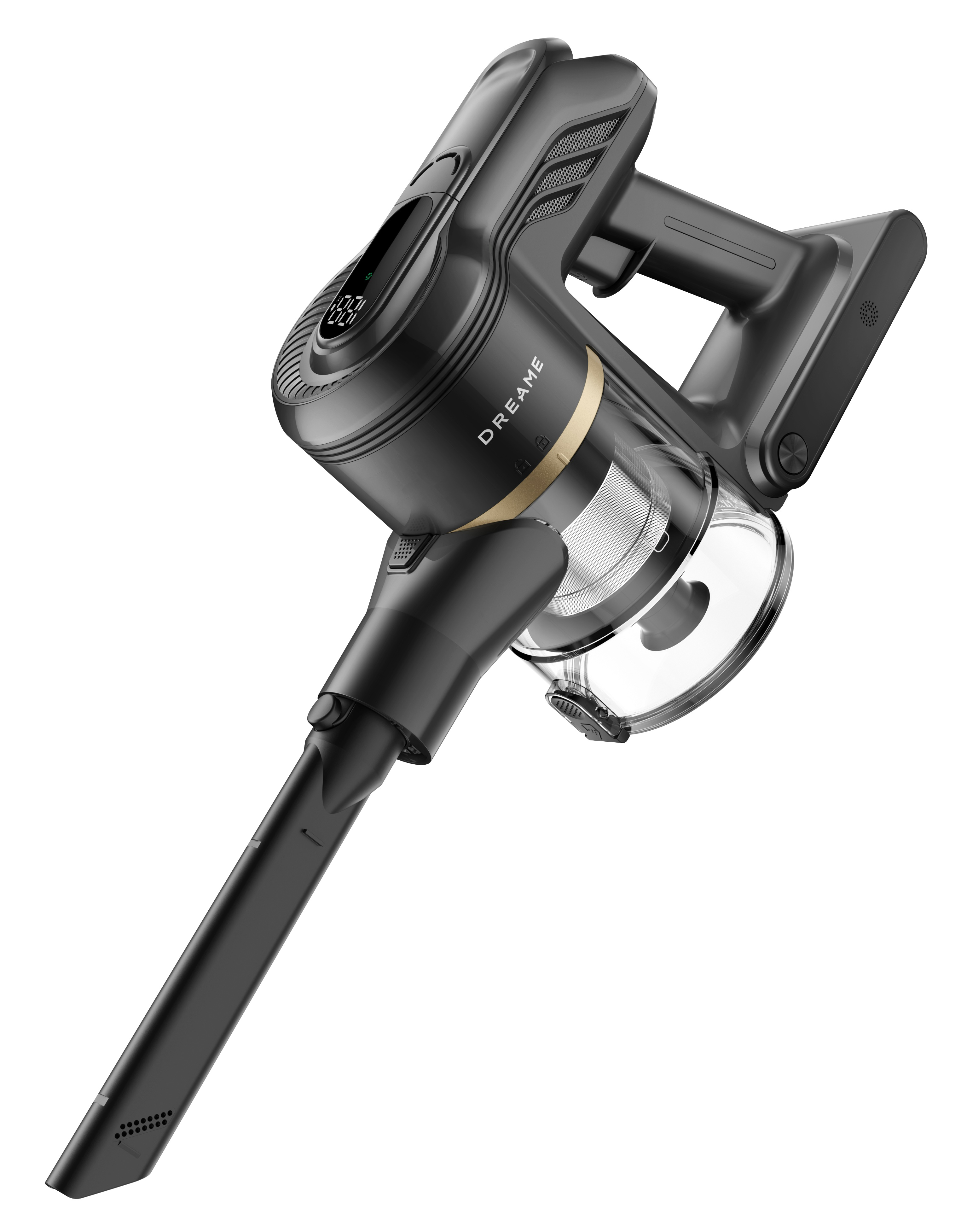 Czarny i szary odkurzacz bezprzewodowy, pod kątem. Posiada wyświetlacz cyfrowy, przezroczysty pojemnik i długa dysza.