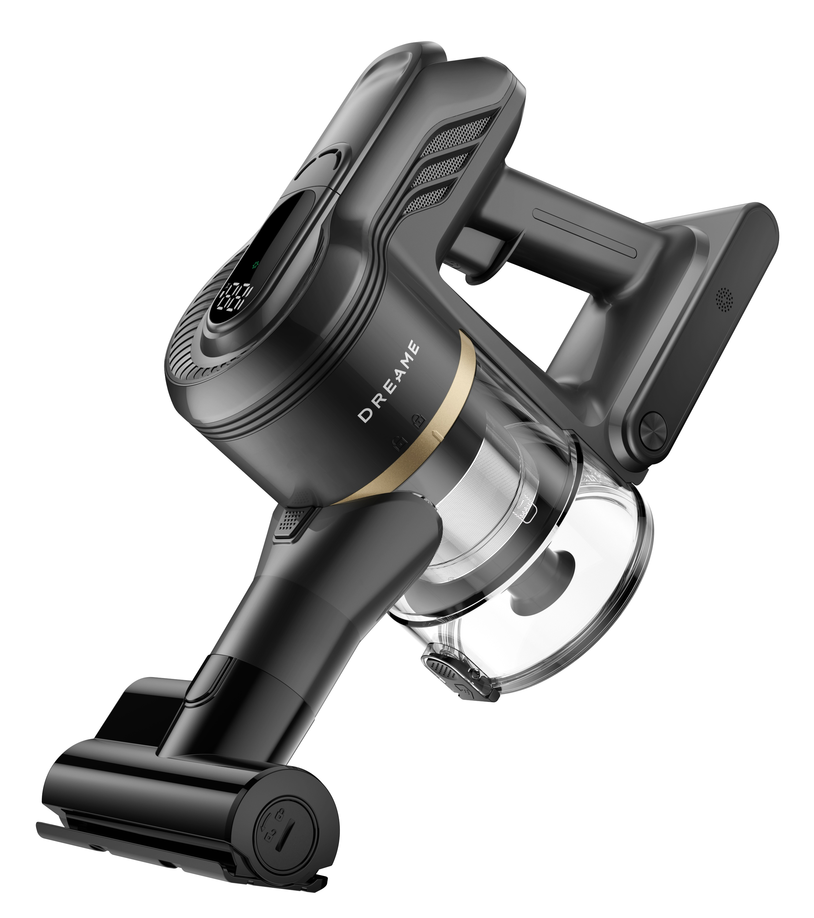 Czarny i złoty odkurzacz bezprzewodowy. Posiada ekran i przezroczysty pojemnik na kurz. Ujęcie pod kątem na białym tle.