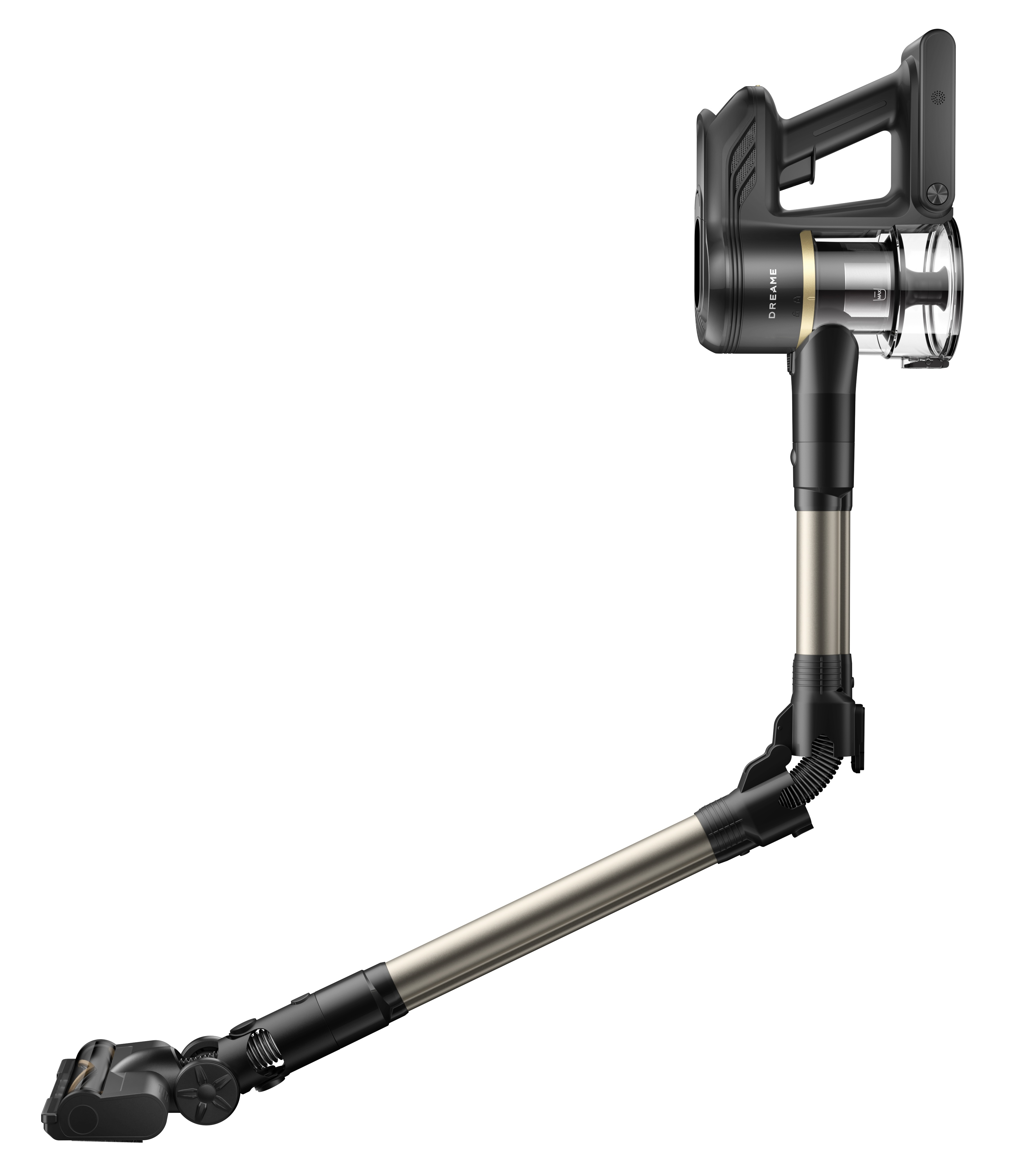 Czarny i srebrny odkurzacz bezprzewodowy skierowany w lewo w dół. Uchwyt jest po prawej.