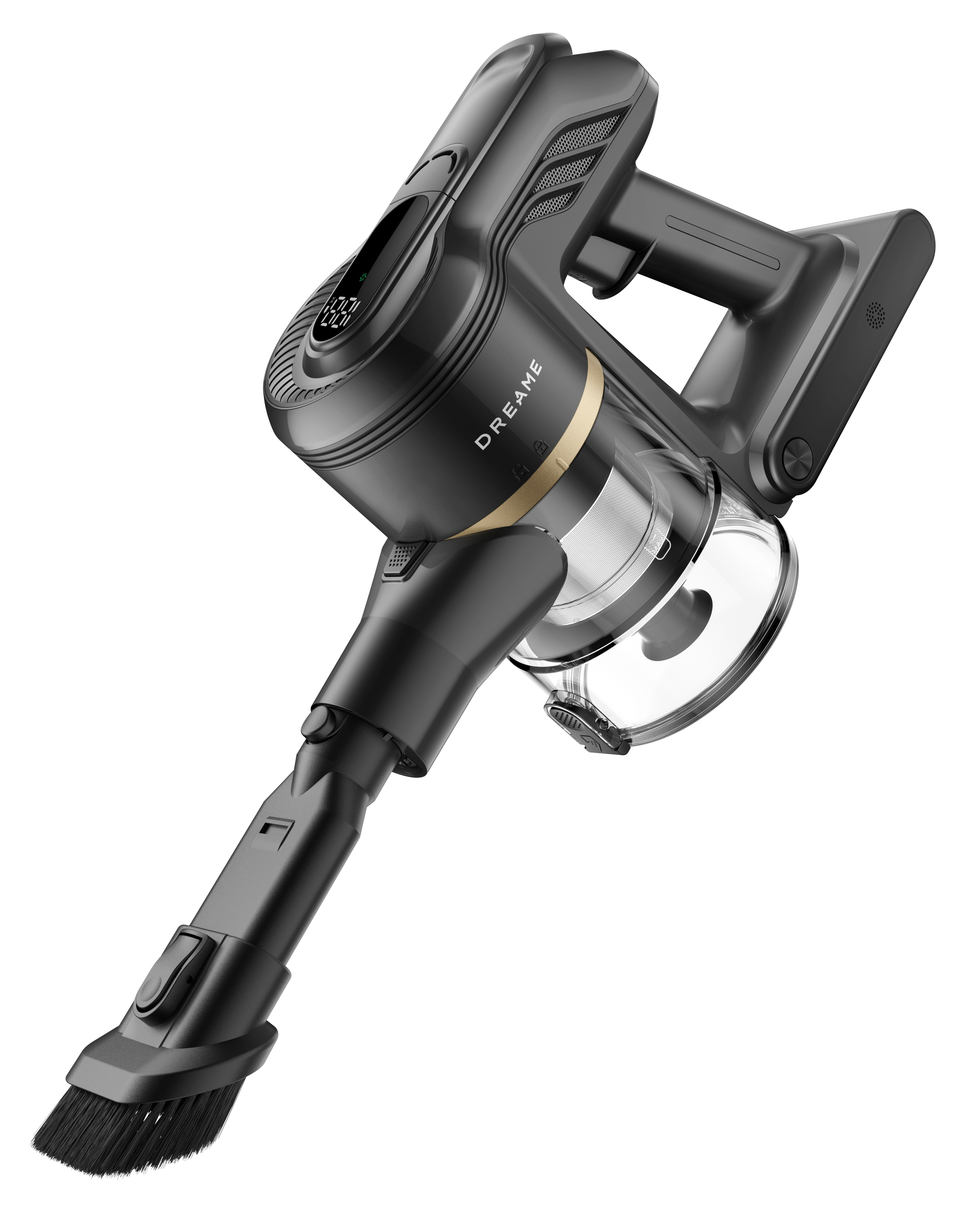 Czarny i złoty odkurzacz bezprzewodowy na białym tle. Posiada końcówkę ze szczotką.