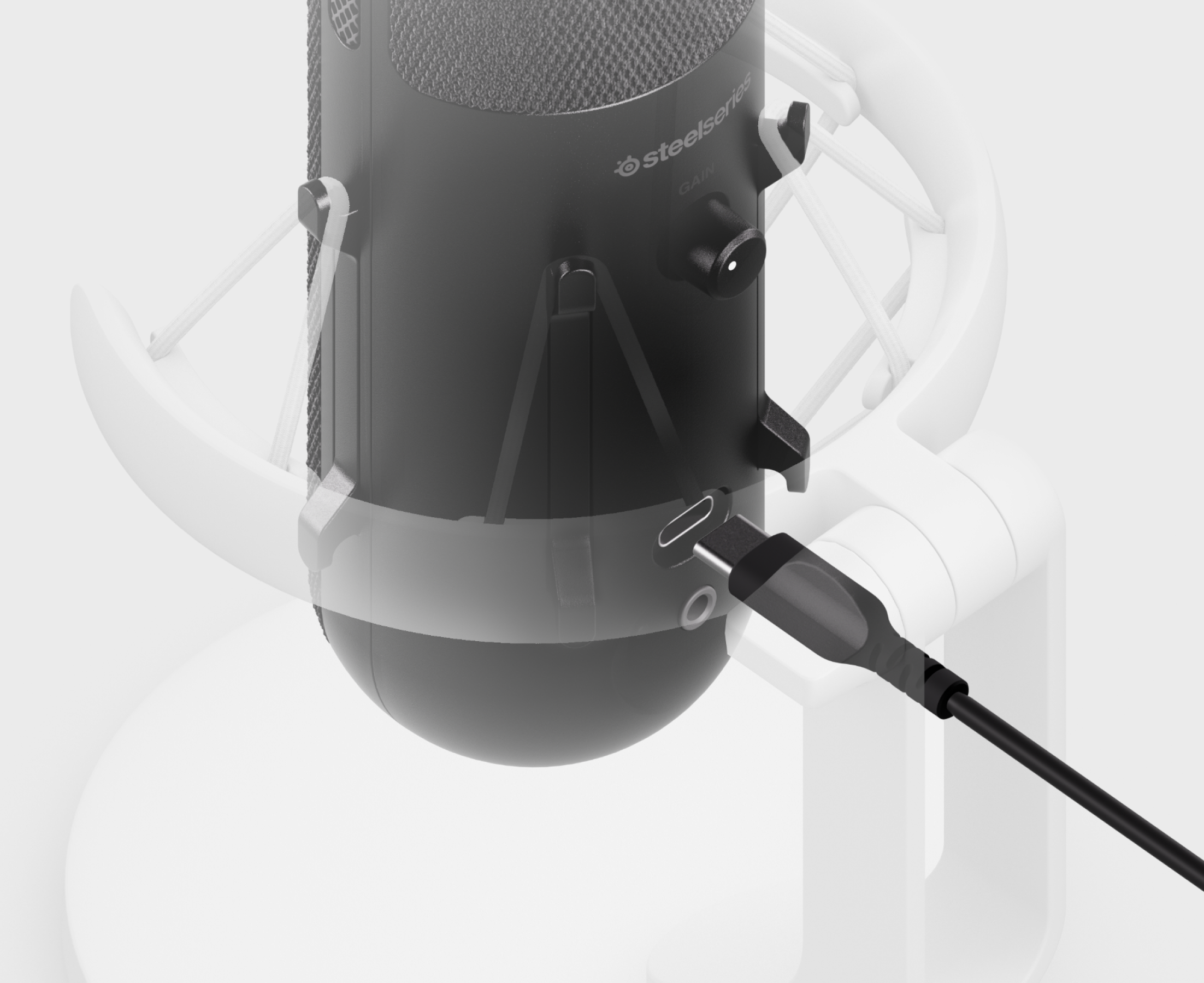 Schwarzes SteelSeries-Mikrofon mit Gain-Knopf und USB-C-Kabel, weißer Ständer. Mesh-Oberteil. Verbunden.