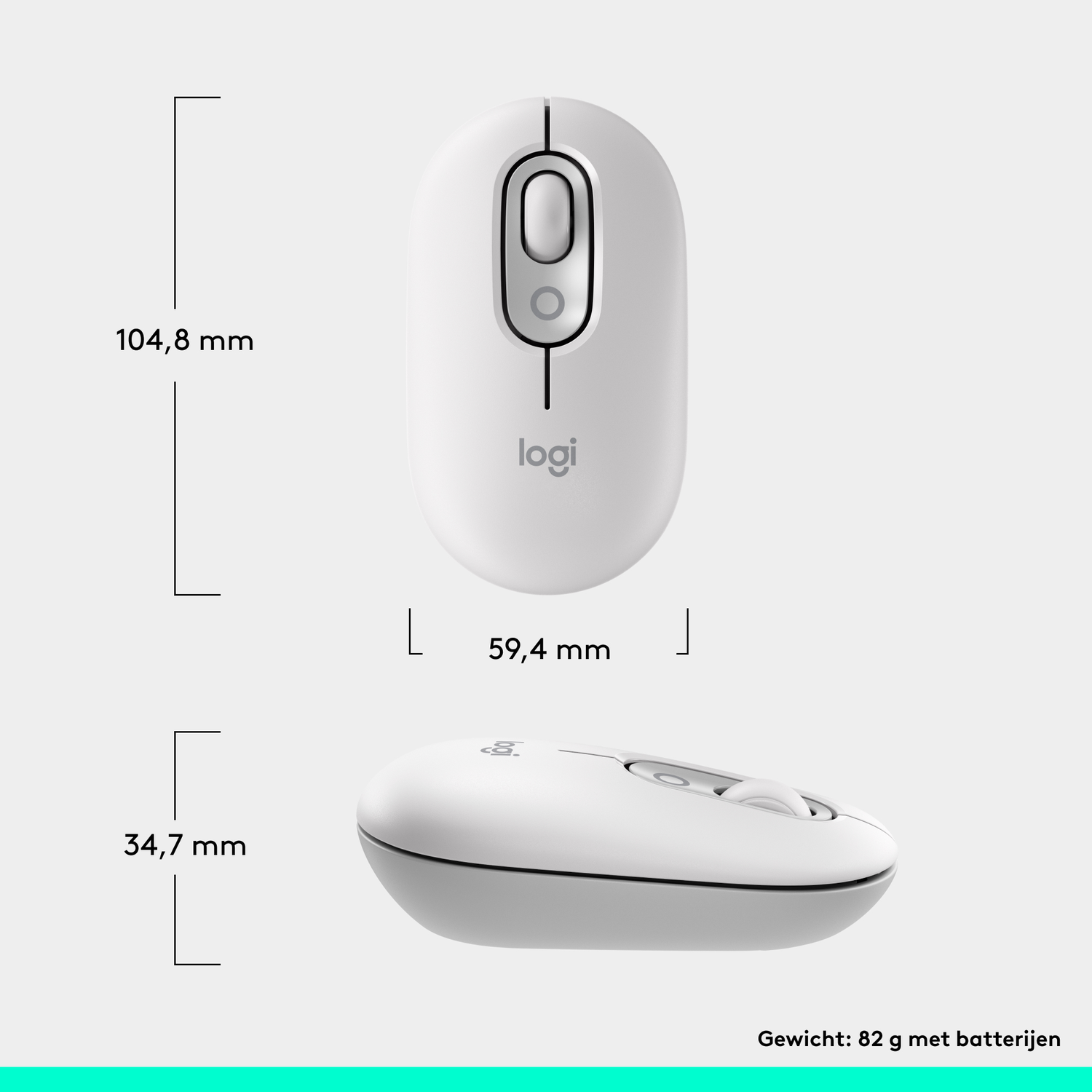 A white Logitech mouse with dimensions labeled. Top view and side view show the mouse, highlighting its size and weight (82g).