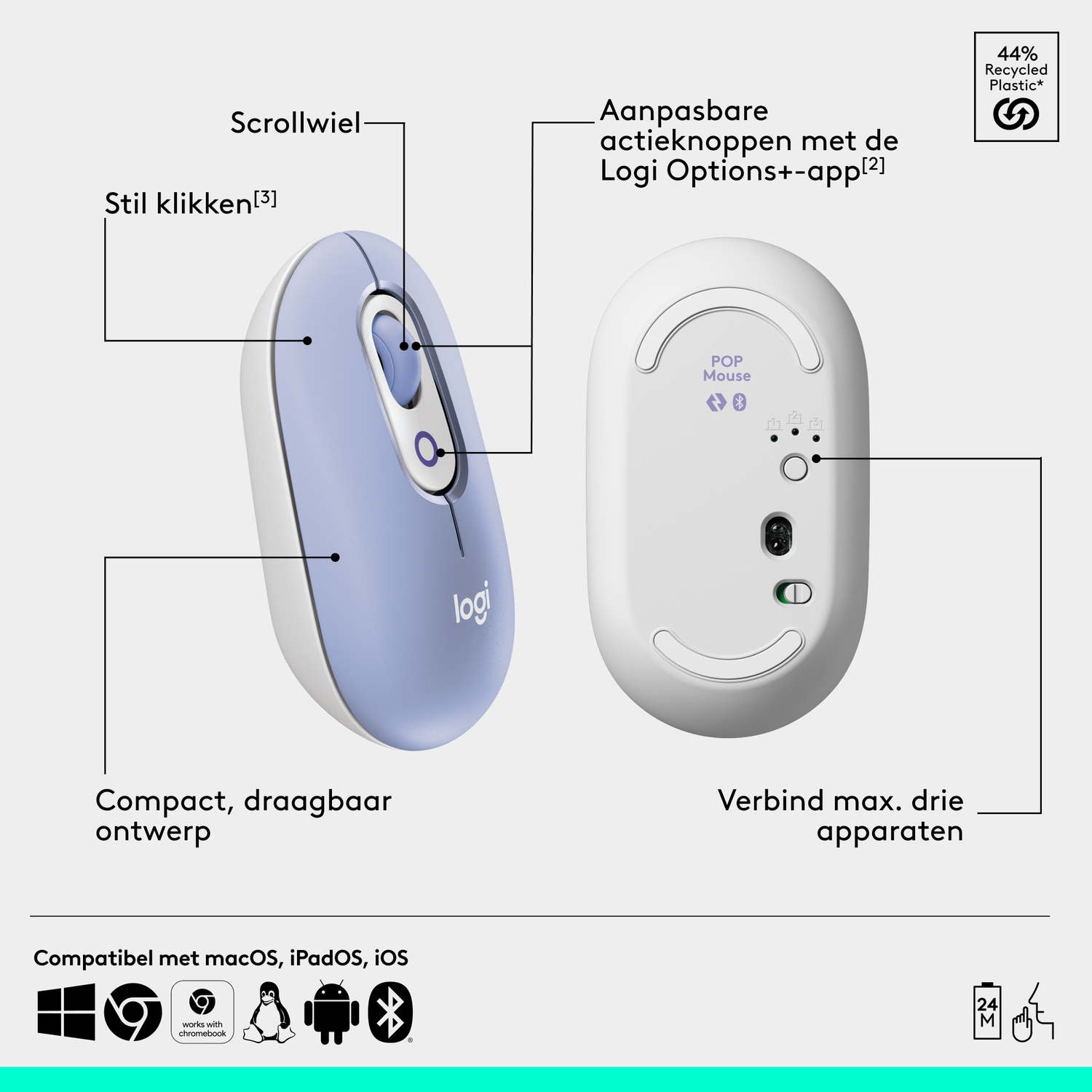 A Logitech POP Mouse with a blue top and white sides. Features include a scroll wheel, adjustable buttons, and a compact design.