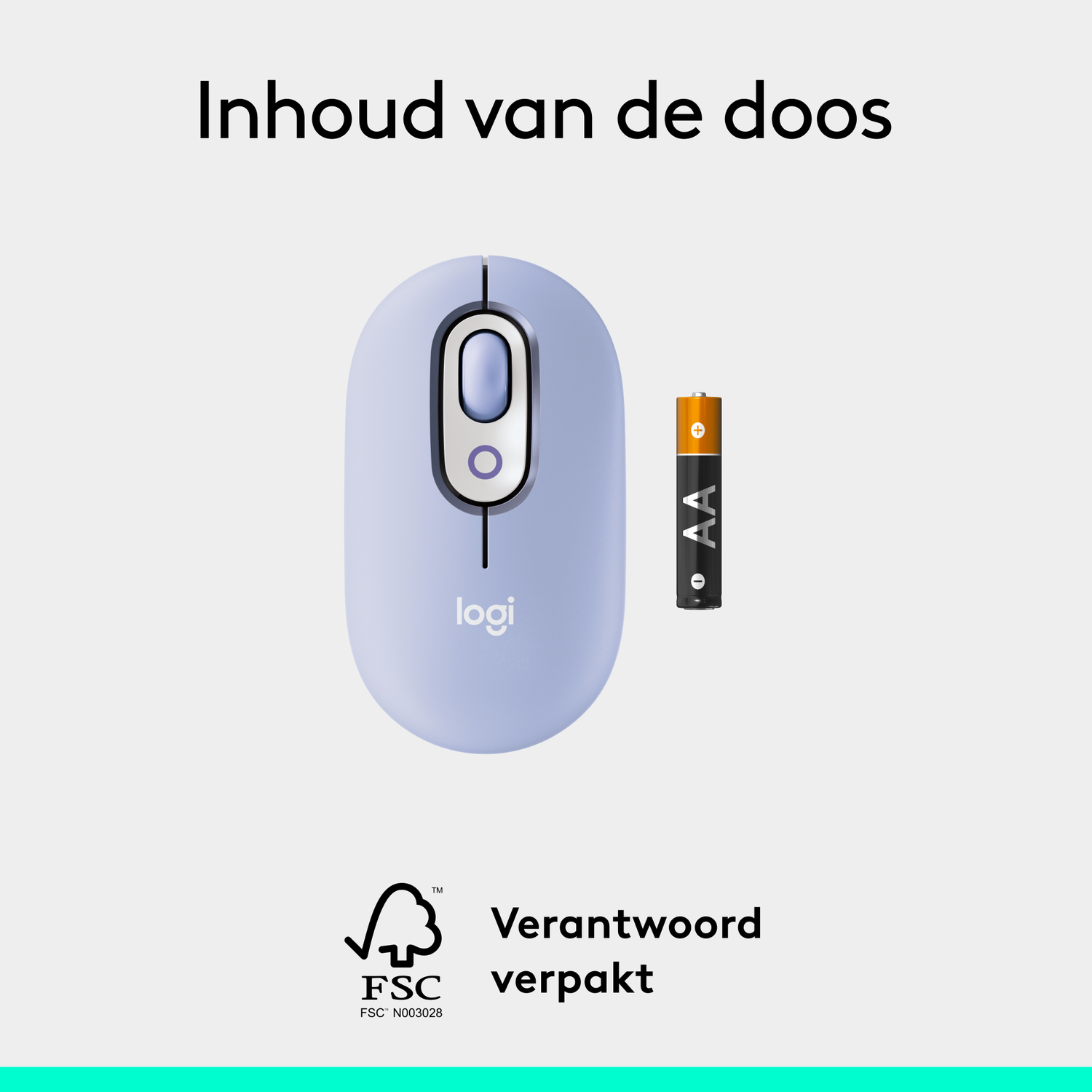 A light blue mouse and an AA battery are on a light grey background. Text at the top says: Inhoud van de doos.