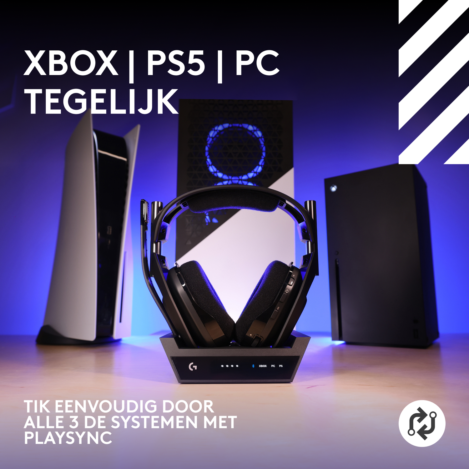 Image shows gaming consoles, headset, and text: XBOX, PS5, PC. It promotes easy switching between the 3 systems with Playsync.