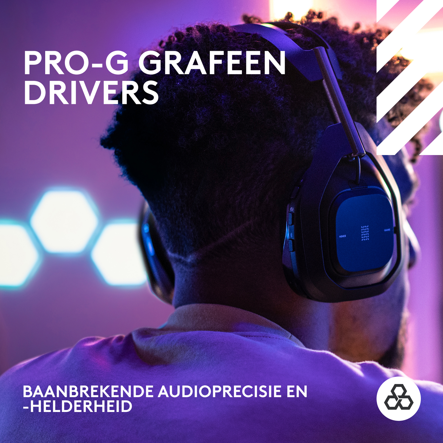 A person wearing black headphones. Text reads: PRO-G GRAFEEN DRIVERS. The background is a purple and pink gradient with hexagon lights.