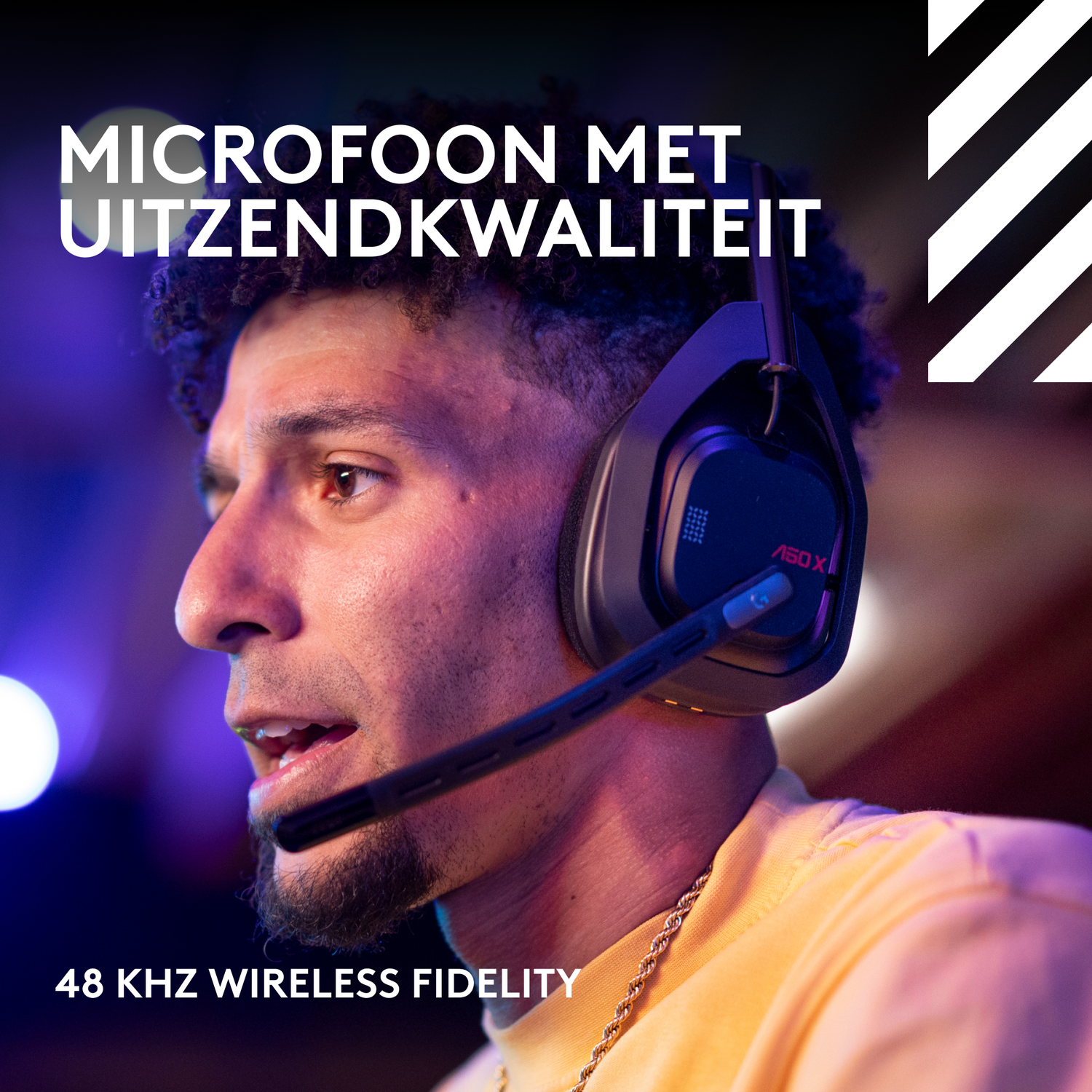 A man wearing a headset with a microphone. Text says 'Microfoon met uitzendkwaliteit' and '48 KHz wireless fidelity'.