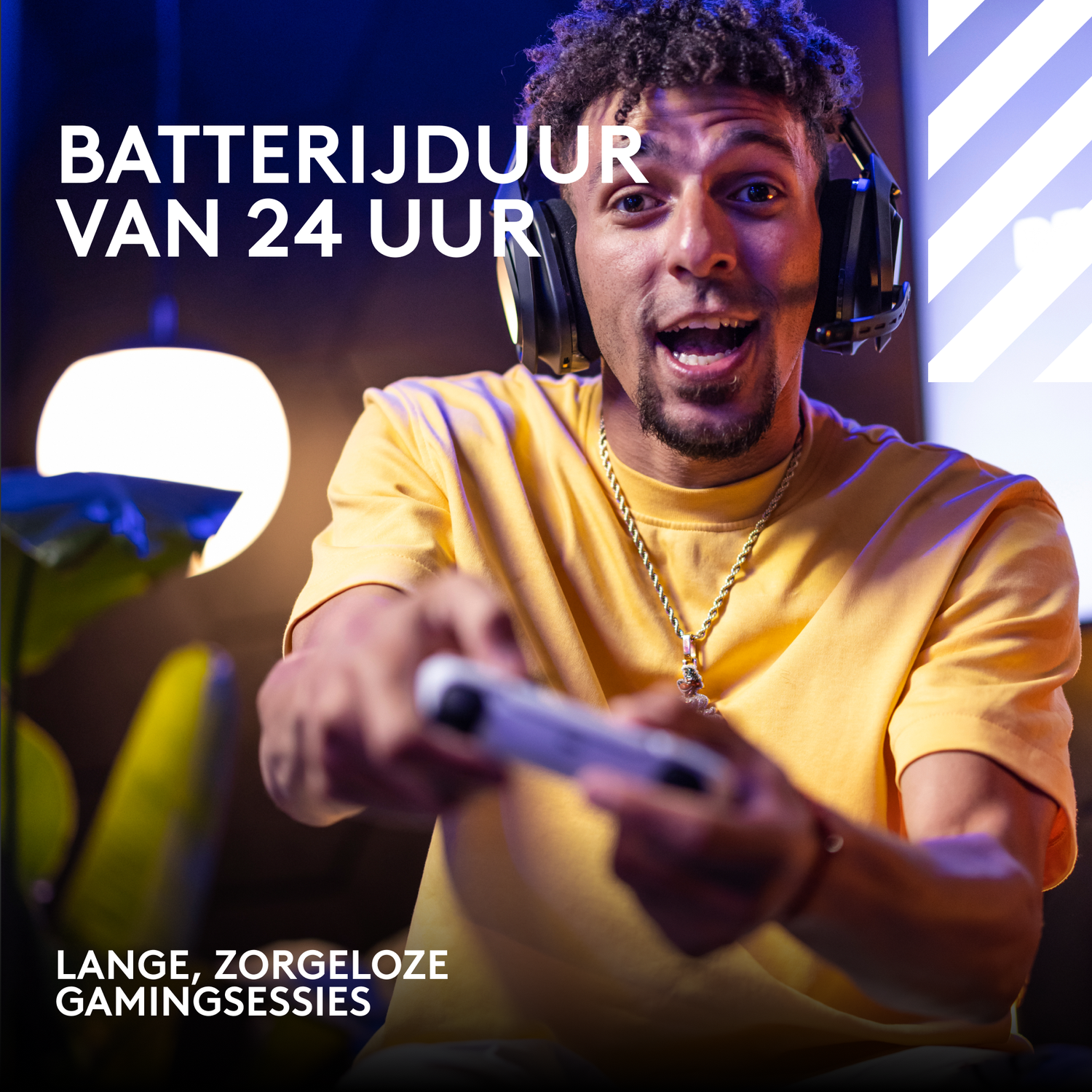 A man wearing headphones plays a game, holding a controller. Text says 'Battery life of 24 hours' and 'Long, carefree gaming sessions'.